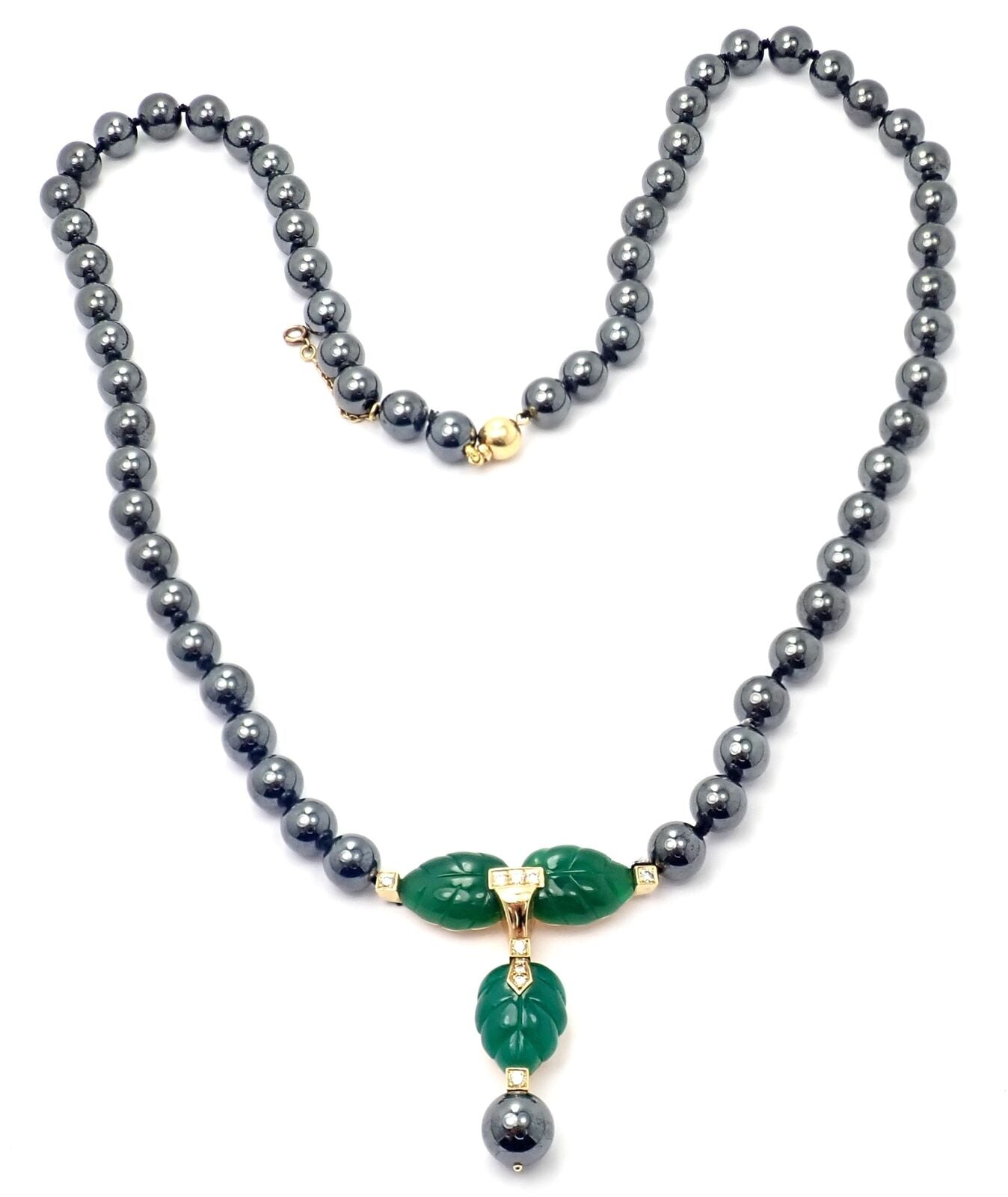 Authentic Cartier 18K Yellow Gold Hematite Bead Diamond Chalcedony Necklace for Women - Luxury Jewelry Gift for Anniversary, Wedding & Special Occasions