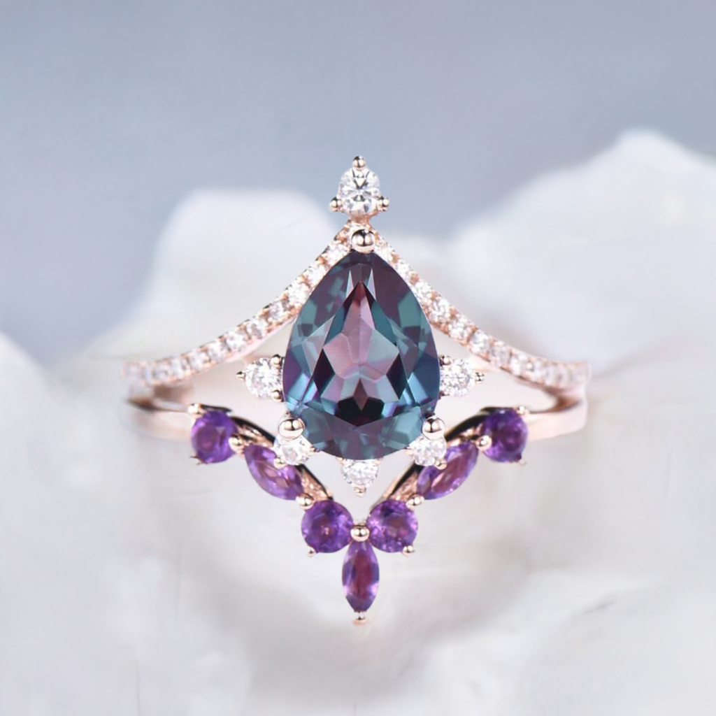 Pear Alexandrite Engagement Ring & Curved Amethyst Wedding Band Set - 2 Piece Bridal Jewelry for Proposals, Anniversaries & Special Occasions