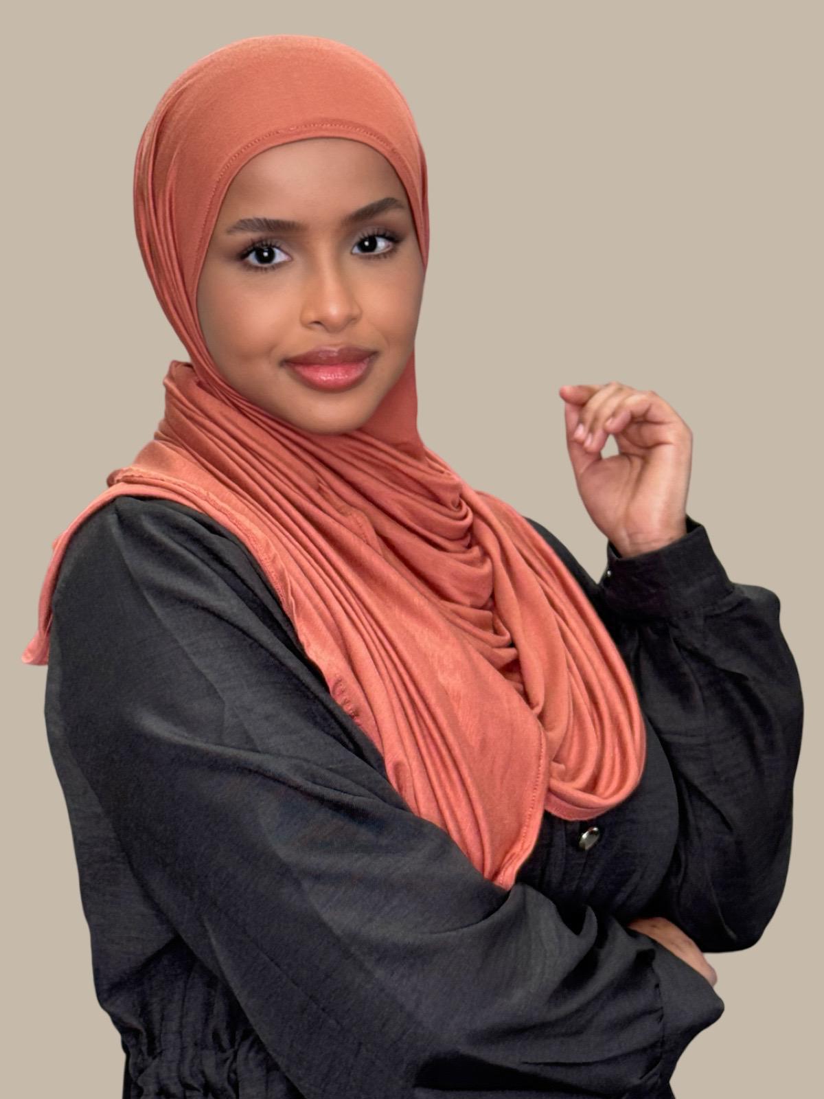 Pre-Sewn Jersey Hijab in Brick Red - Soft & Comfortable Muslim Headscarf for Daily Wear, Work, and Prayer