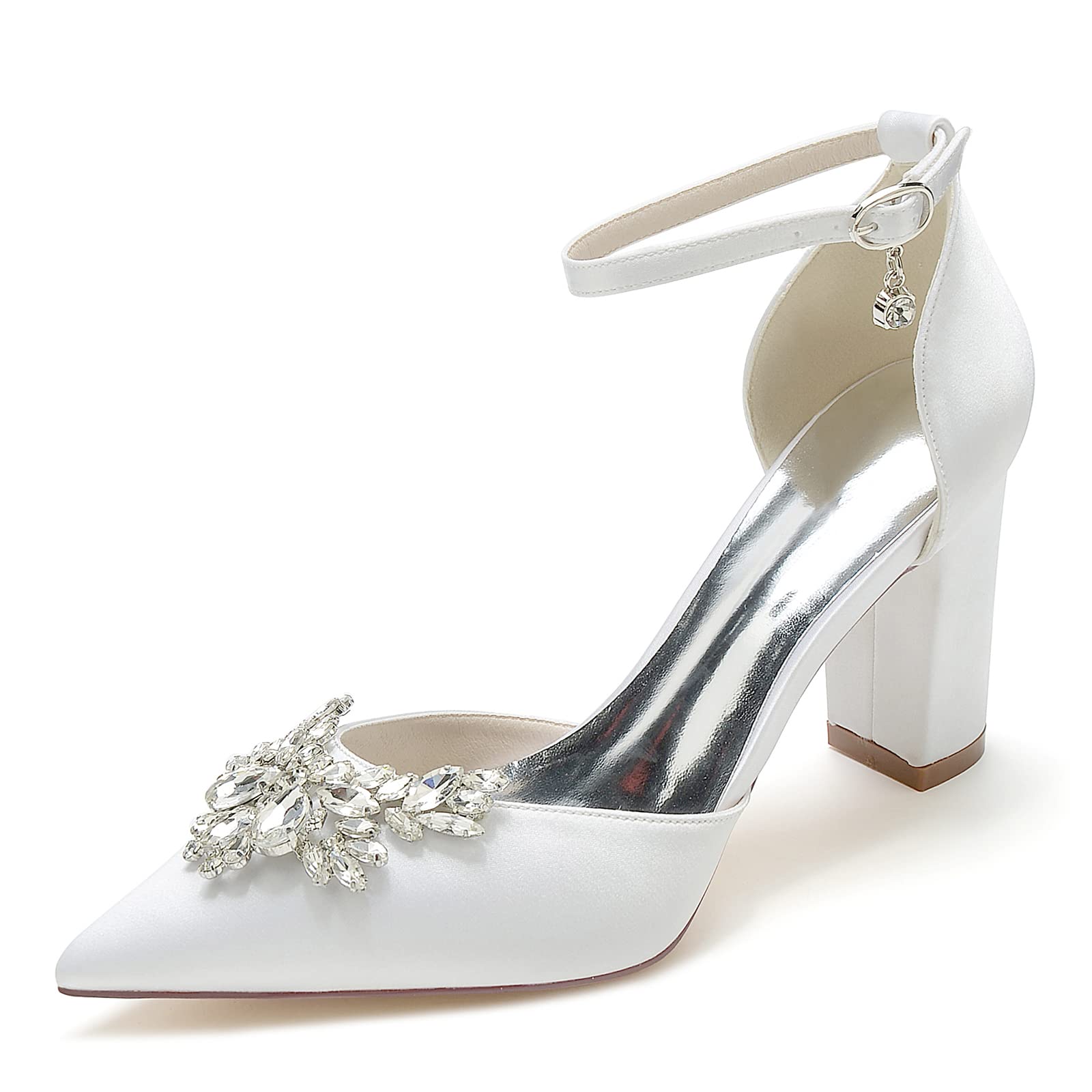 COMFASH 3.3 Inch Closed Toe Wedding Shoes - Chunky Heel Satin Bridal Pumps for Evening Party & Dress Occasions - Rhinestone Embellished Court Shoes in White (Size 10.5 US) - Perfect for Bridal Showers, Receptions & Formal Events