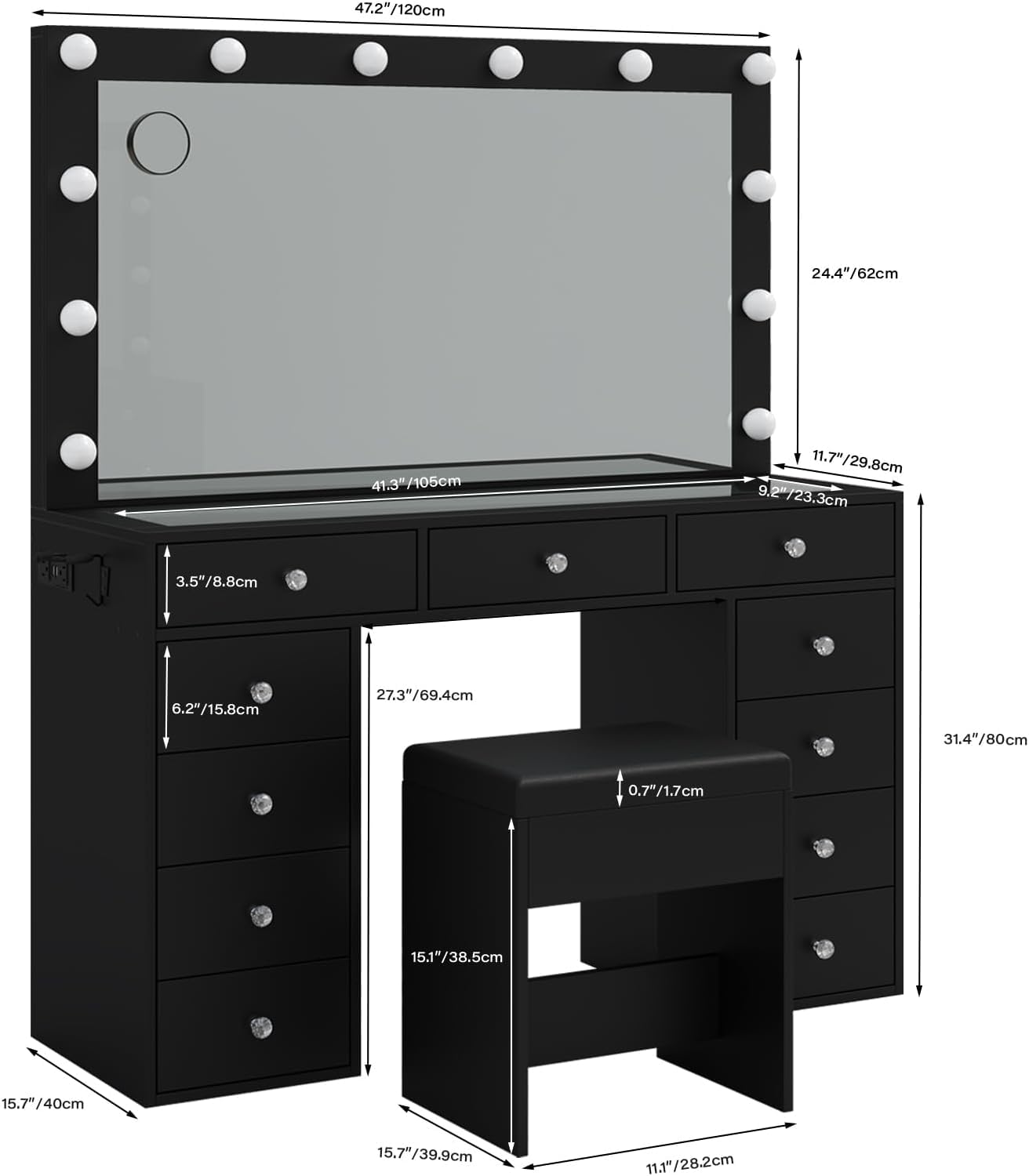 Vanity Desk with Power Outlet & 12 LED Lights - Makeup Vanity Table with Mirror, 3 Lighting Modes, 11 Drawers & Chair - Glass Top Dressing Table for Bedroom, Dressing Room (Black) | Perfect for Makeup Application, Skincare Routine & Home Salon Setup