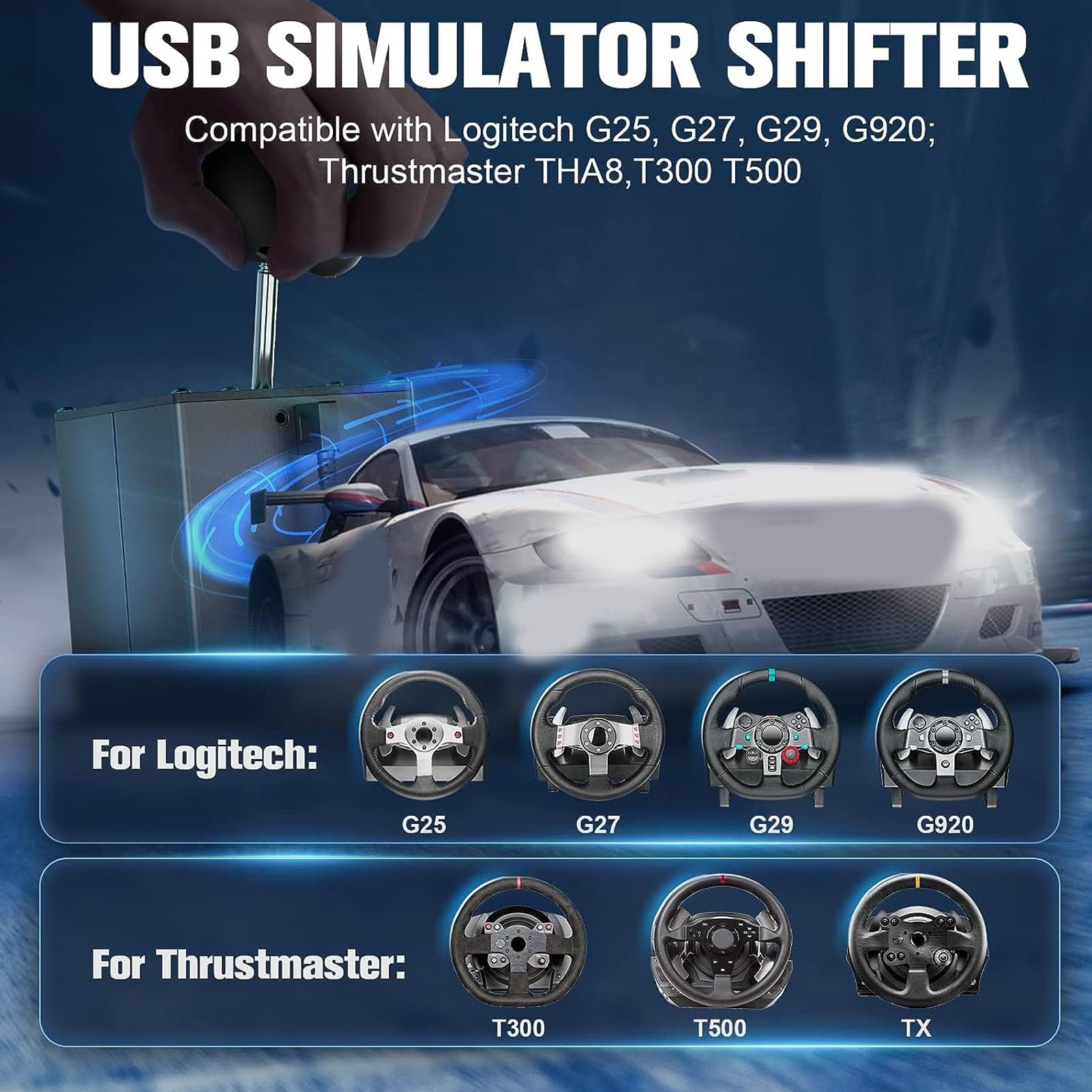 USB Simulator Gear Lever Shifter for Logitech G27/G29/G920/G923 & Thrustmaster TH8A/T300RS/T500/GT - PC Sequential H-Pattern Shifter for Dirt Rally, SIM Racing Games - Perfect for Drifting, Rally & Track Racing Simulation