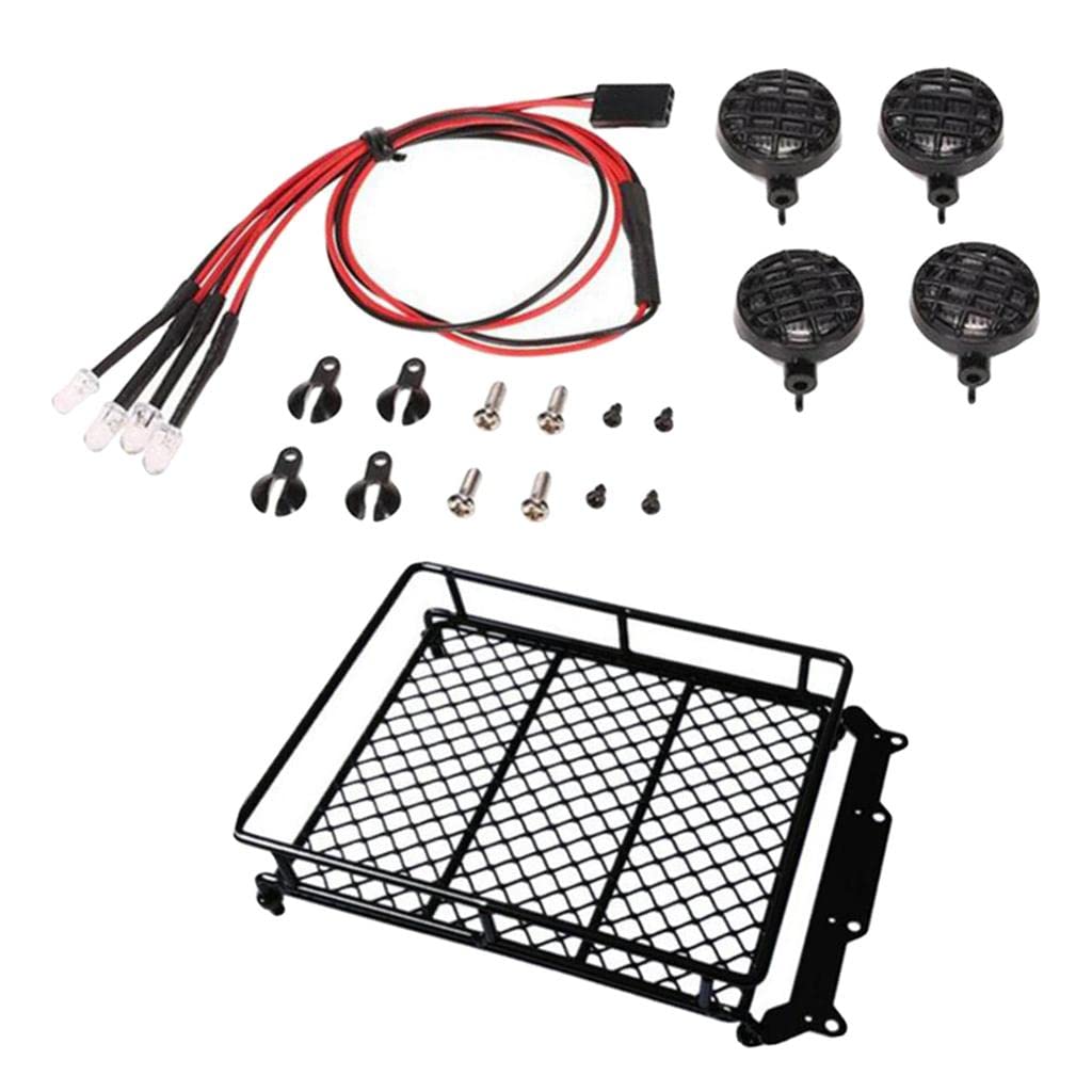 Almencla 1/10 1/8 1/12 Scale RC Car Buggy Roof Rack Luggage Carrier with LED Lights - Off-Road Accessories for Crawler & Trail Driving Adventures