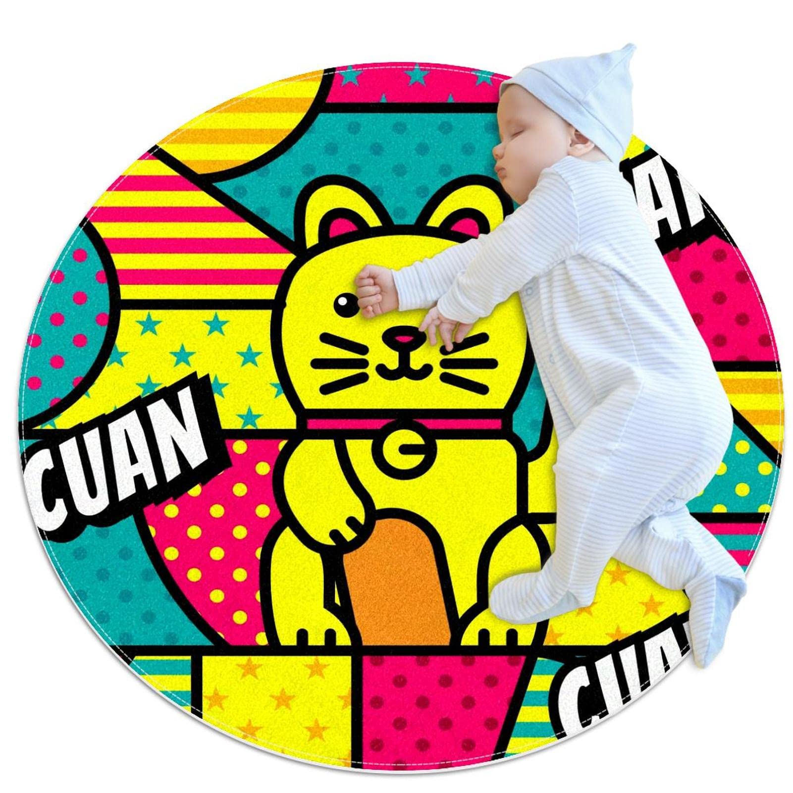 Lucky Fortune Cat Modern Pop Art Round Area Rug - Non-Slip Microfiber Circular Carpet for Living Room, Bedroom, Yoga & Study - Machine Washable Soft Floor Mat (80CM) - Perfect for Home Decor, Meditation Space and Cozy Reading Nook
