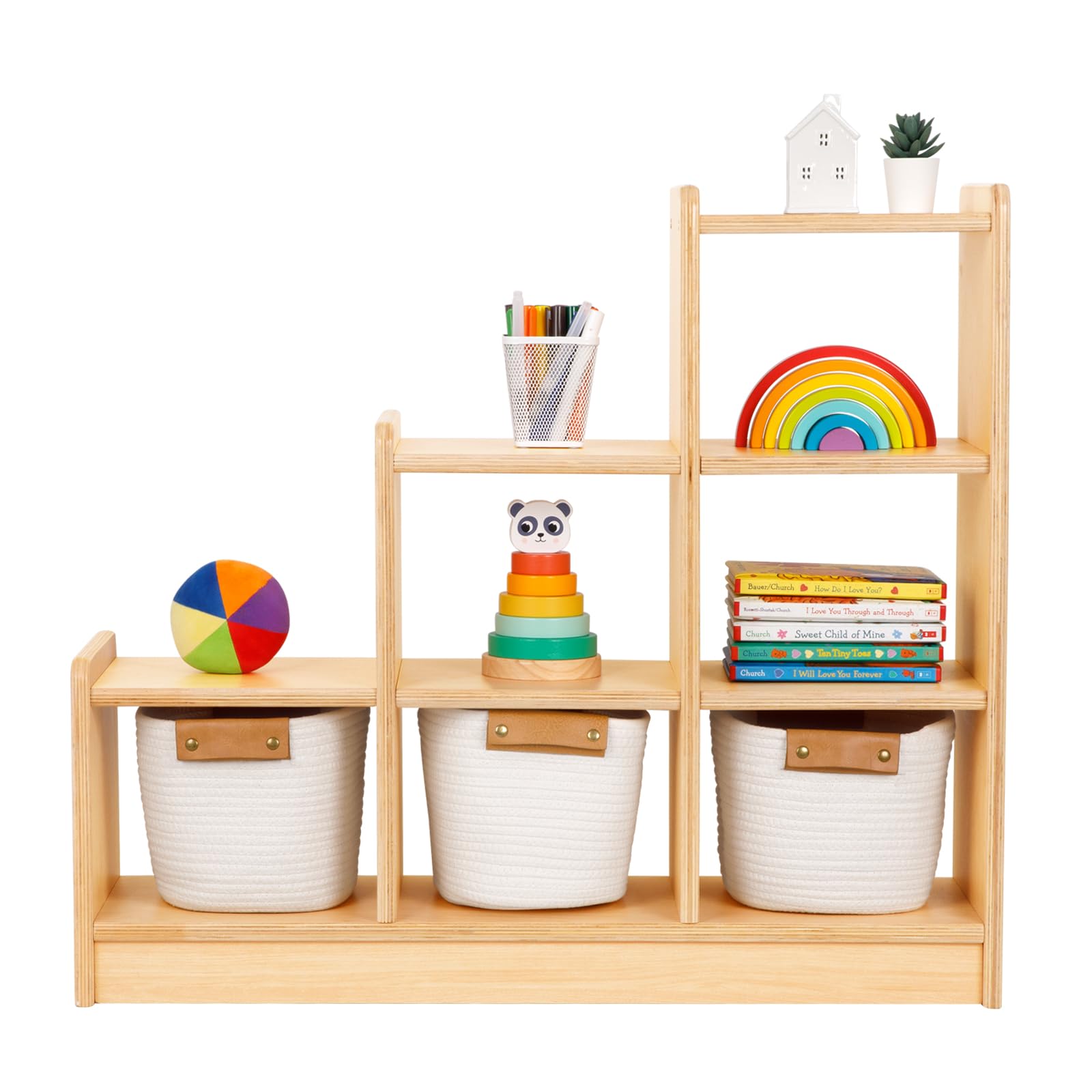 9 Cube Storage Cabinet - L Shaped Freestanding Ladder Corner Bookshelf with 6 Cubes | 4 Tier Wooden Display Shelf for Kids Room, Living Room & Office Organization | Natural Finish Bookcase & Home Decor Storage Solution