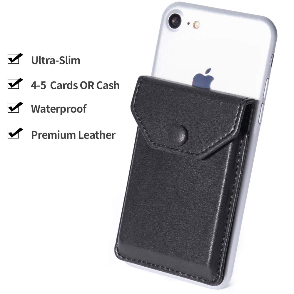 Ultra-Slim RFID Blocking Leather Stick-On Wallet for iPhone & Android Phones - Holds Credit Cards, Business Cards & ID - Secure Adhesive Phone Wallet for Daily Use & Travel (Black)