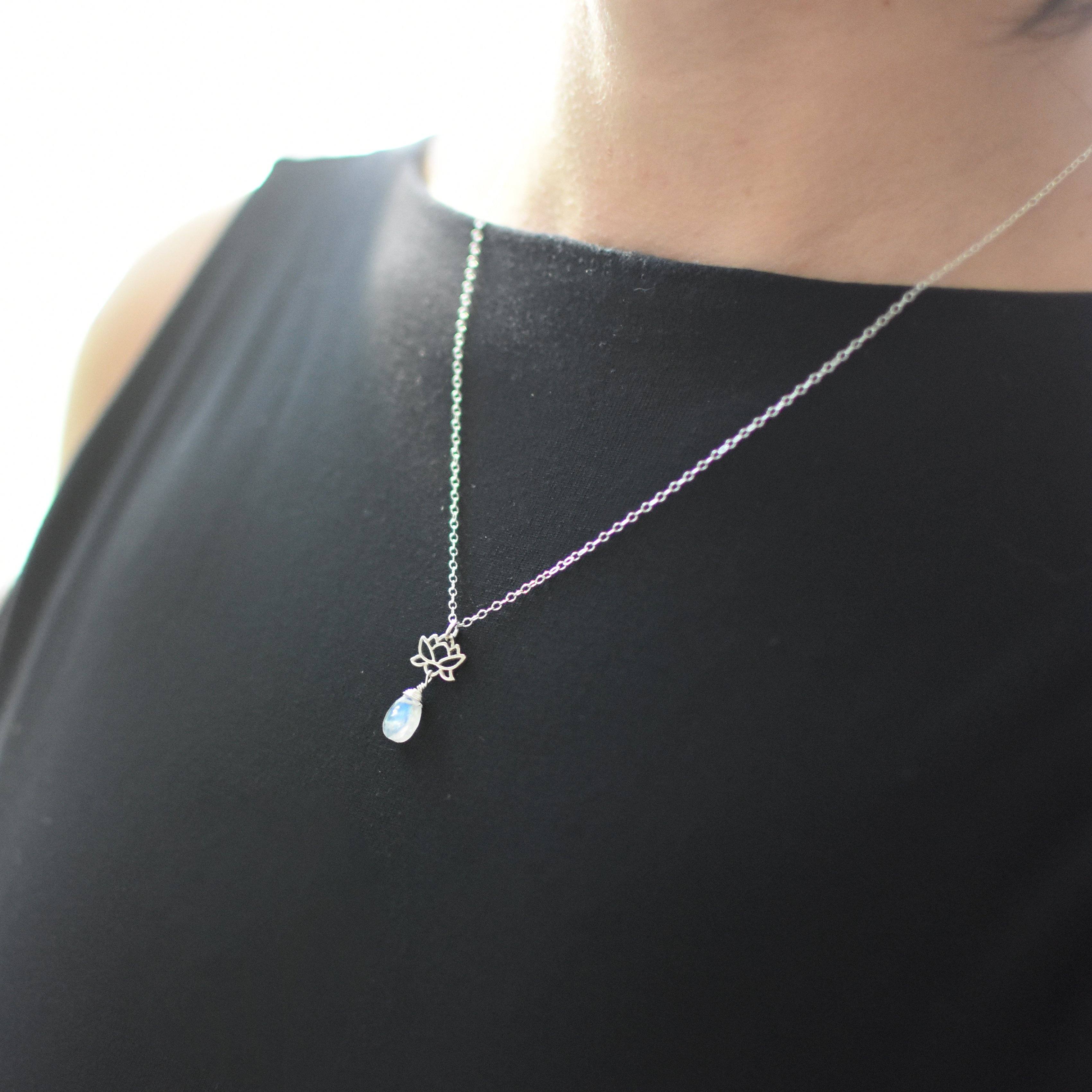 Rainbow Moonstone Sterling Silver Lotus Charm Drop Necklace - Elegant Boho Jewelry for Women, Perfect for Weddings, Parties & Everyday Wear