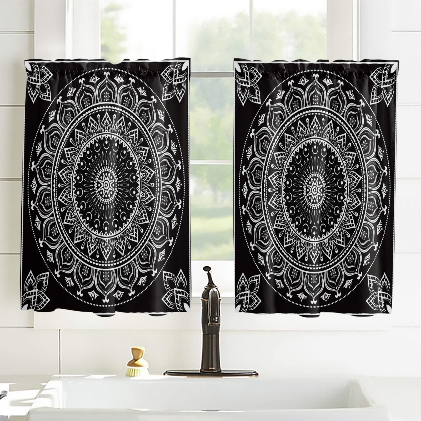 45 Inch Black Abstract Floral Kitchen Curtains - Set of 2 Cafe Tier Panels with Rod Pocket, 84x45 Inches - Perfect for Windows, French Doors & Small Spaces