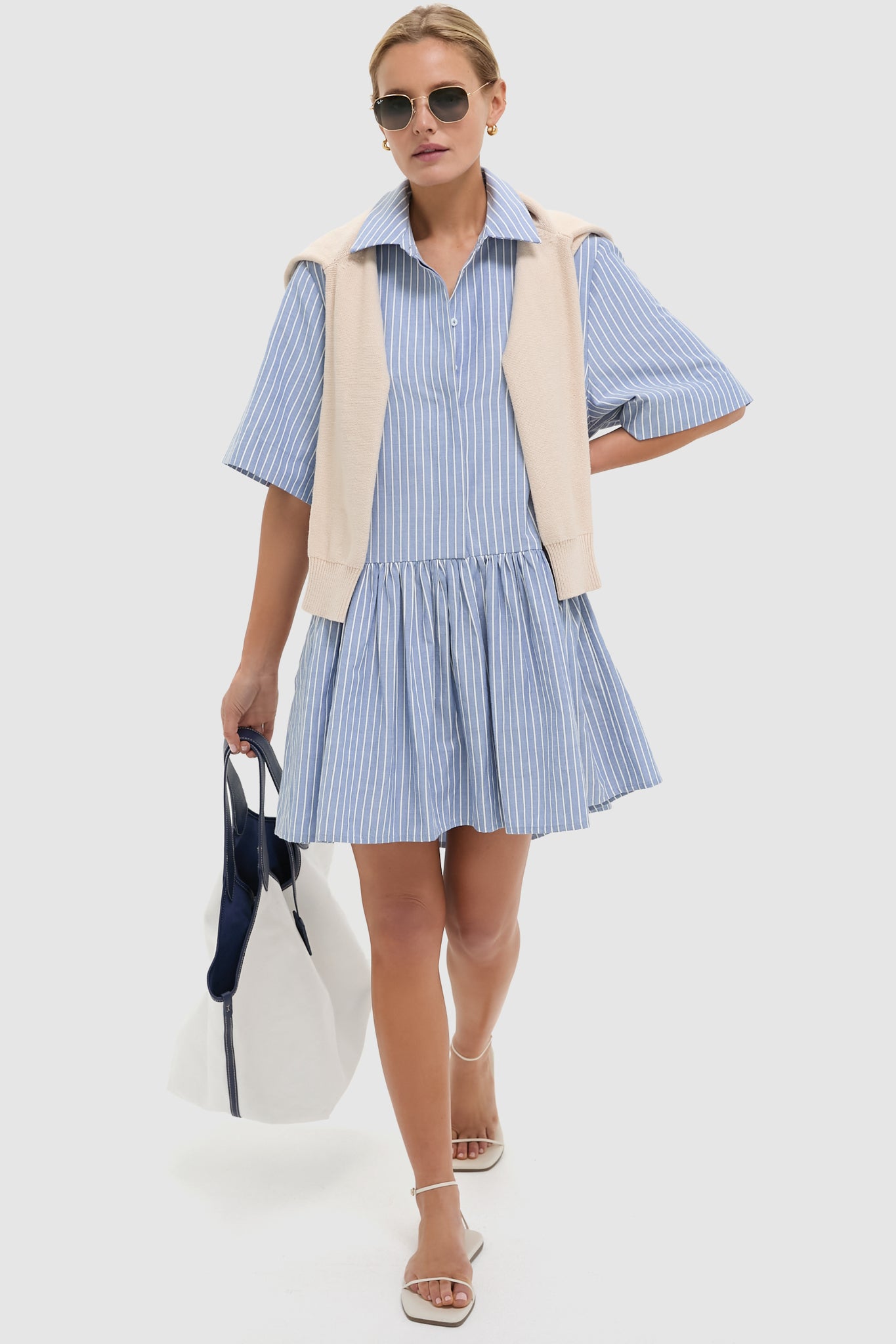 Blue Stripe Piper Shirt Dress for Women - Casual Flowy Summer Midi Dress with Pockets | Perfect for Beach, Vacation, Office Wear and Date Nights