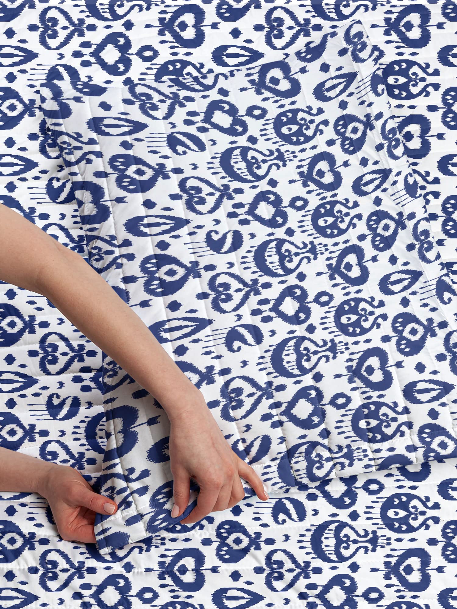 Ambesonne Navy Blue Microfiber Bedspread Set - King Size Ikat Pattern Damask Comforter with Pillow Shams | Soft Retro Style Bedding in Blue & White | Perfect for Master Bedroom, Guest Room & Bohemian Home Decor