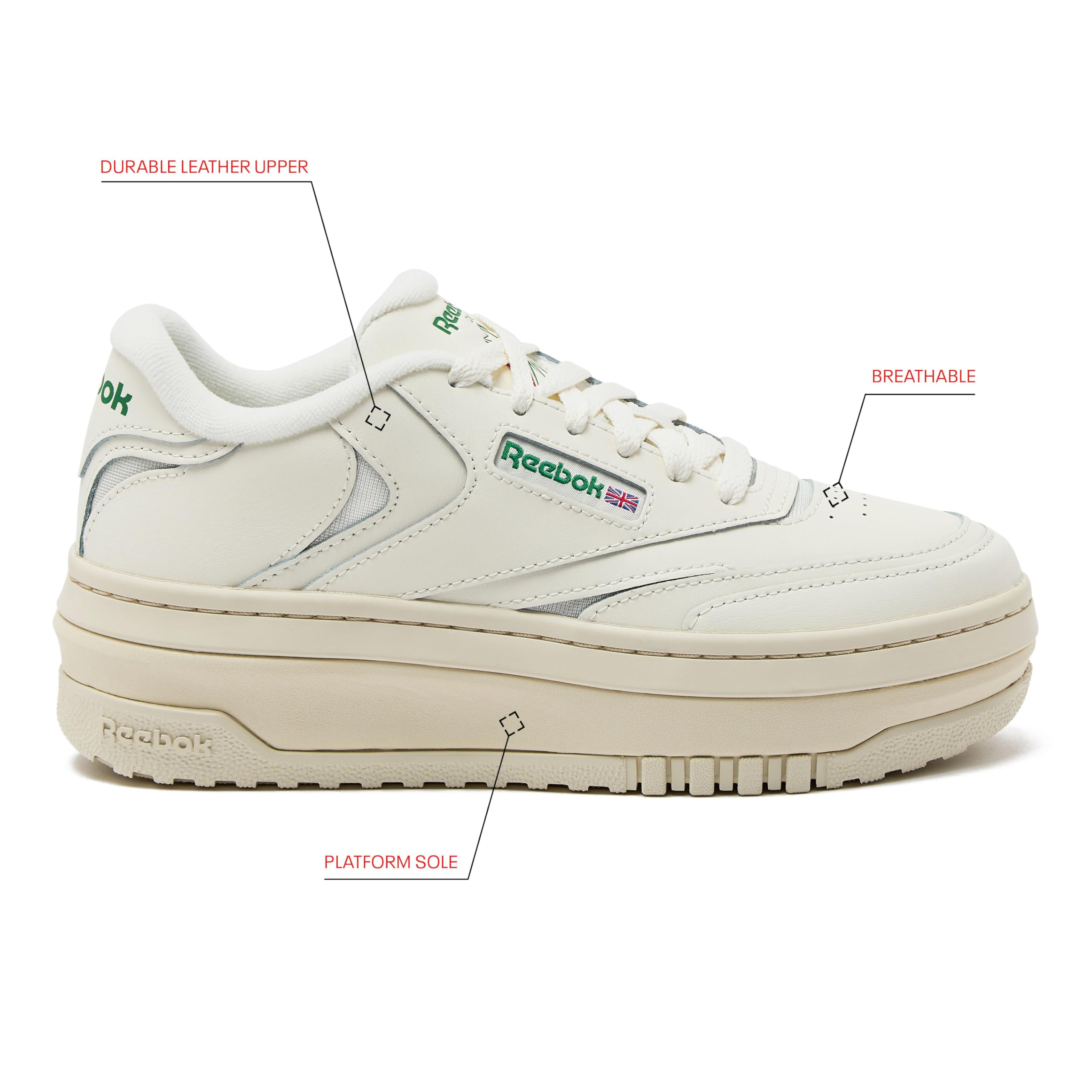 Reebok Women's Club C Extra Platform Sneakers - White Leather Vintage Tennis Shoes for Women | Casual Wear, Street Style, Retro Fashion