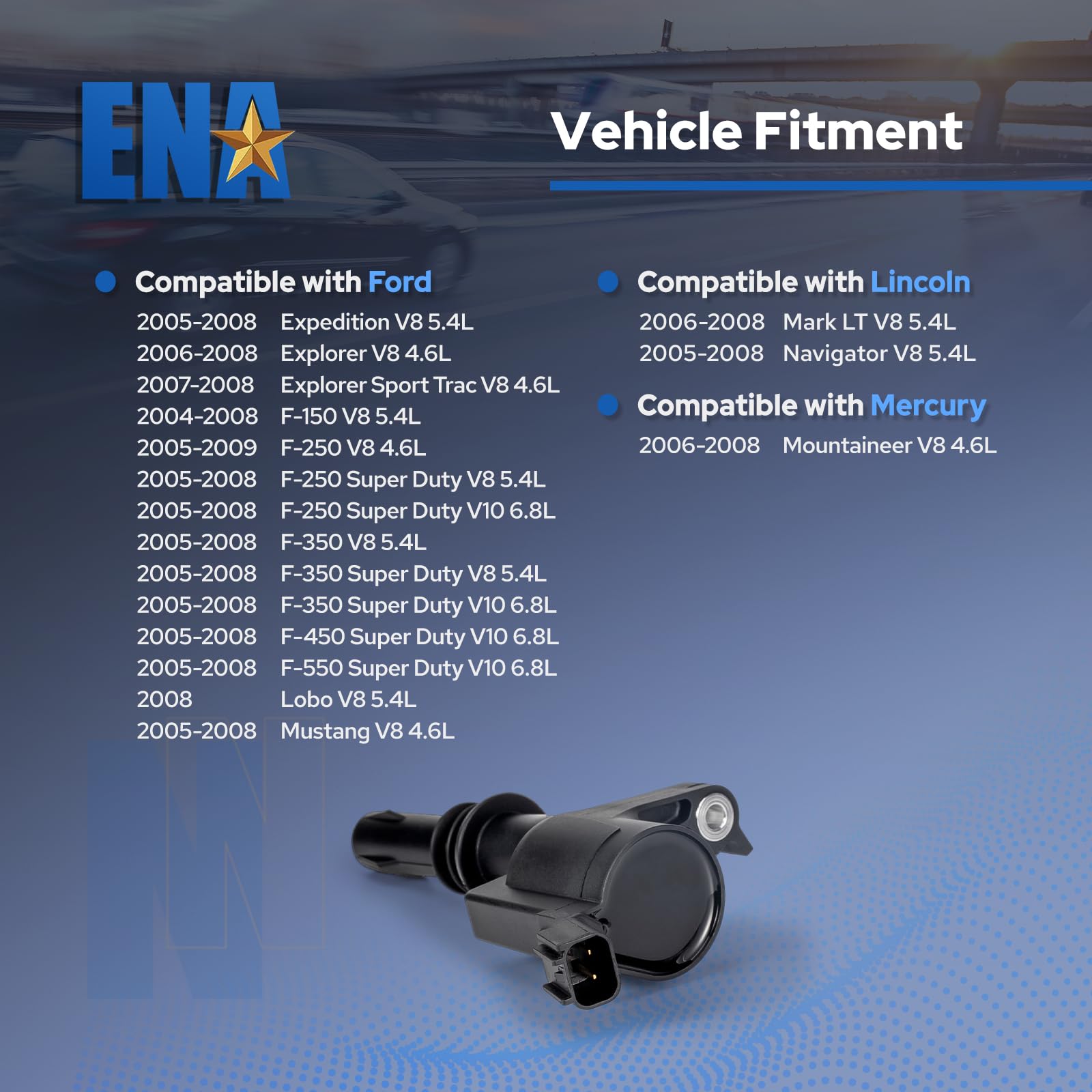 8 Pack ENA Straight Boot Ignition Coil Set - Compatible with Ford F-150, Lincoln Expedition, Explorer, Super Duty, Mustang 4.6L 5.4L 6.8L V8 Engines - Replacement for DG511 C1541 FD508 - Perfect for Engine Tune-ups & Performance Upgrades