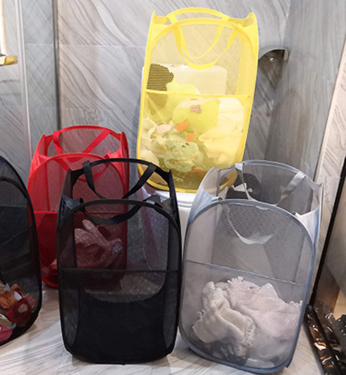 Foldable Mesh Laundry Hamper with Large Pocket - Portable Pop-Up Clothes Basket for College Dorm, RV & Travel - Yellow Rectangle Organizer Bin for Bedroom, Bathroom & Camping