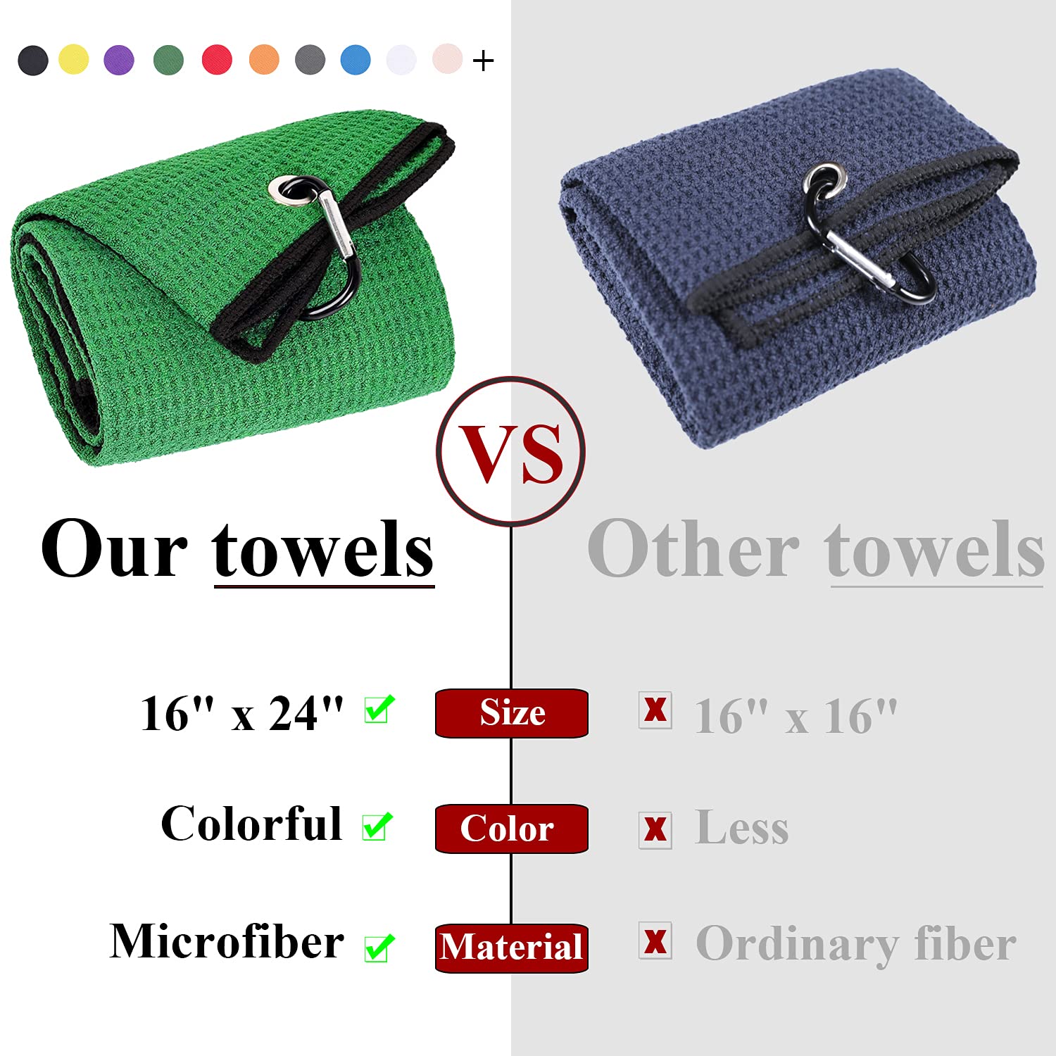 Premium 2-Pack Tri-Fold Golf Towels - Super Absorbent Microfiber Waffle Pattern with Heavy Duty Carabiner Clip - Green Golf Accessories for Men - Perfect for Golf Bags, Clubs & On-Course Use