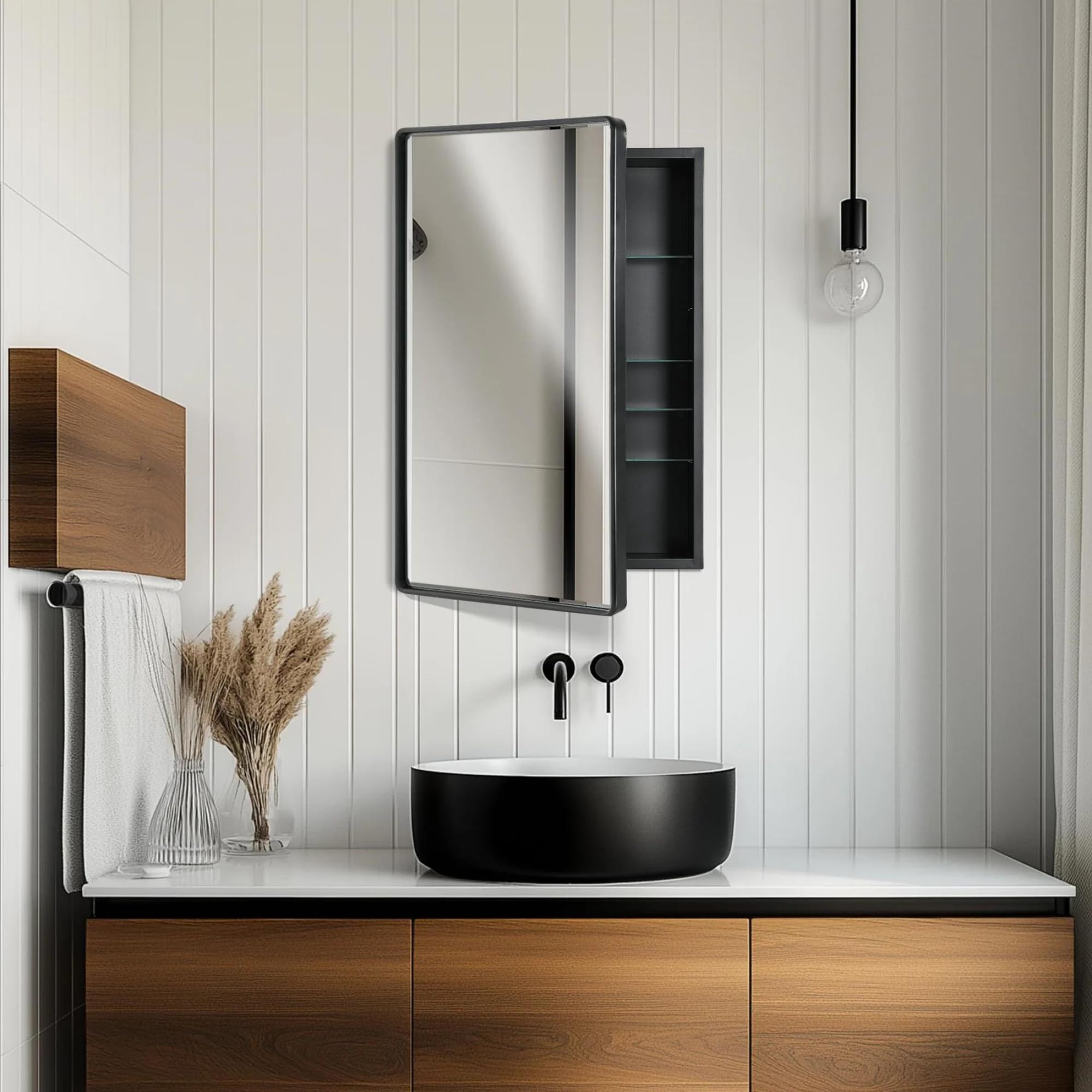 Head West Black Metal Recessed Medicine Cabinet with Beveled Mirror - 16