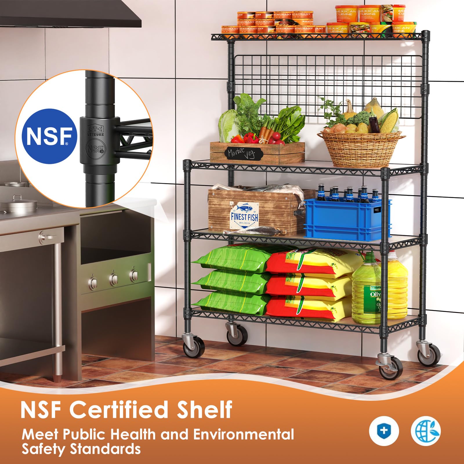 42 Inch Heavy Duty Bakers Rack with Storage & Wheels - 4-Tier Metal Kitchen Shelves, Microwave Stand & Utility Cart with 20 S-Hooks (42×18×63 Inch, Black) - Perfect for Commercial Kitchens, Bakeries, Restaurants & Home Cooking Spaces