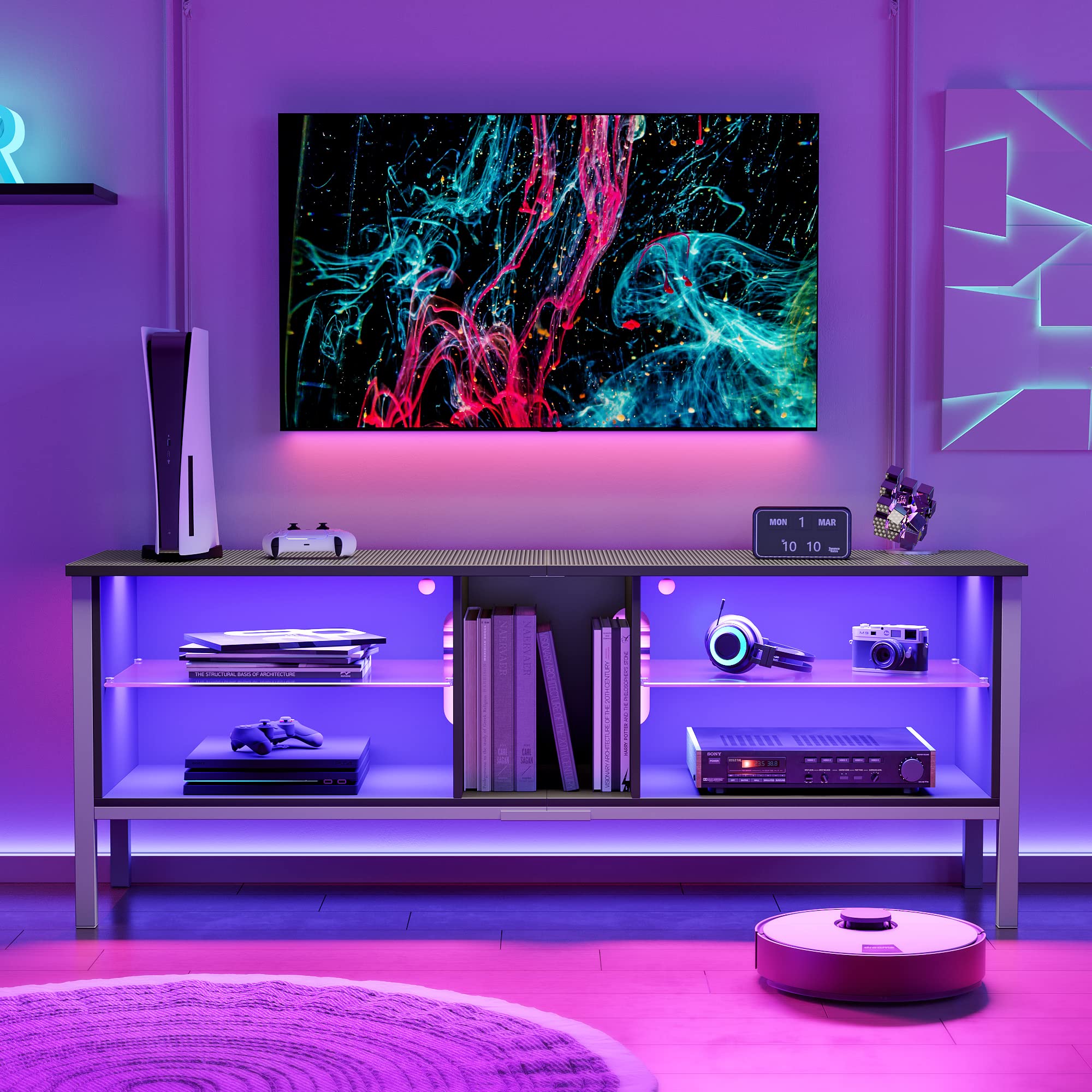 Bestier 65-75 Inch Gaming TV Stand with LED Lights & Adjustable Glass Shelves - Modern Carbon Fiber Media Console for Living Room - Perfect for Home Theater, Gaming Setup & Entertainment Centers