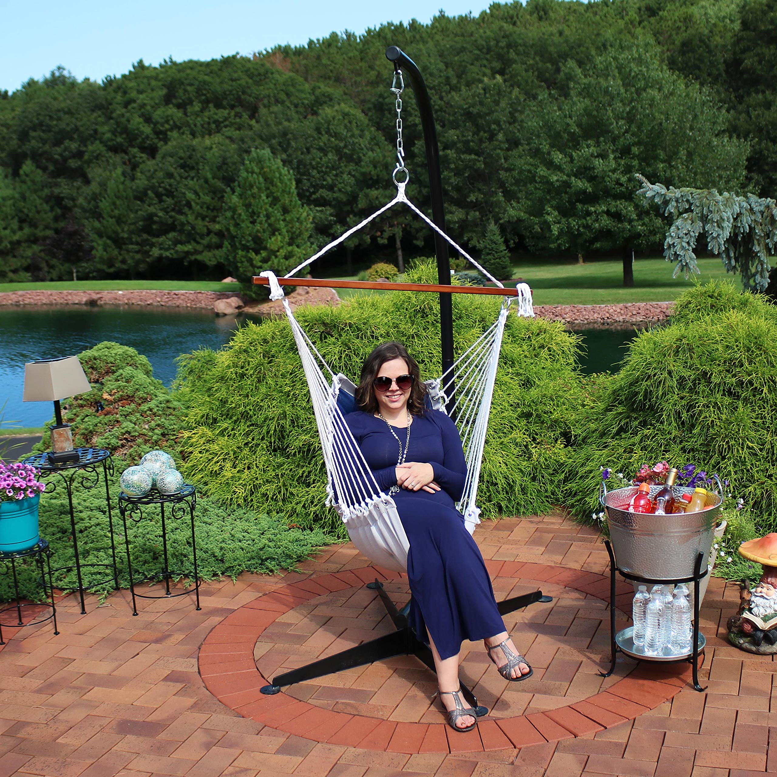 Sunnydaze Tufted Victorian Hammock Chair Swing with Steel C-Stand - 300lb Weight Capacity - Black Stand & Navy Blue Fabric - Perfect for Porch, Patio, Garden, and Indoor Relaxation