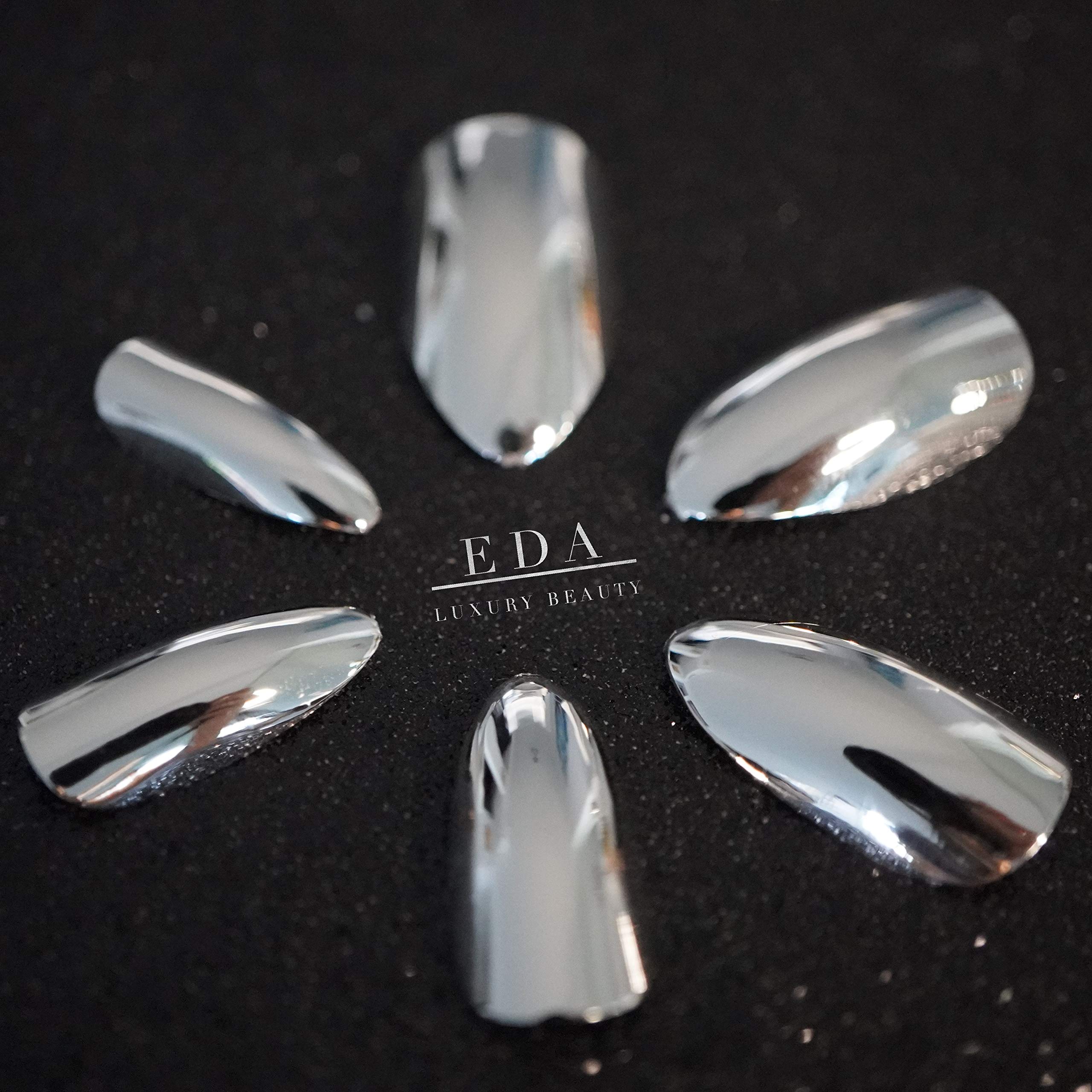 Silver Metallic Press On Nails - Long Almond Stiletto Fake Nails with Nail Glue, Reusable Nail Tips - 24-Piece Glue On Nails Kit with Titanium Touch for Parties, Weddings & Special Occasions