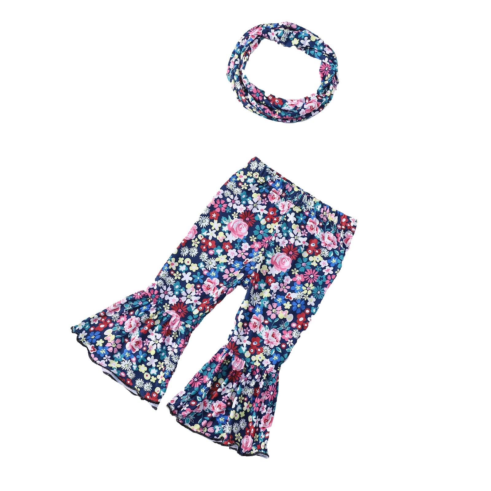 Girls' Stretchy Flare Pants with Floral Print & Ruffles - Fleece-Lined Leggings & Hairband Set (Size 4) - Perfect for Playdates, Preschool & Winter Outfits