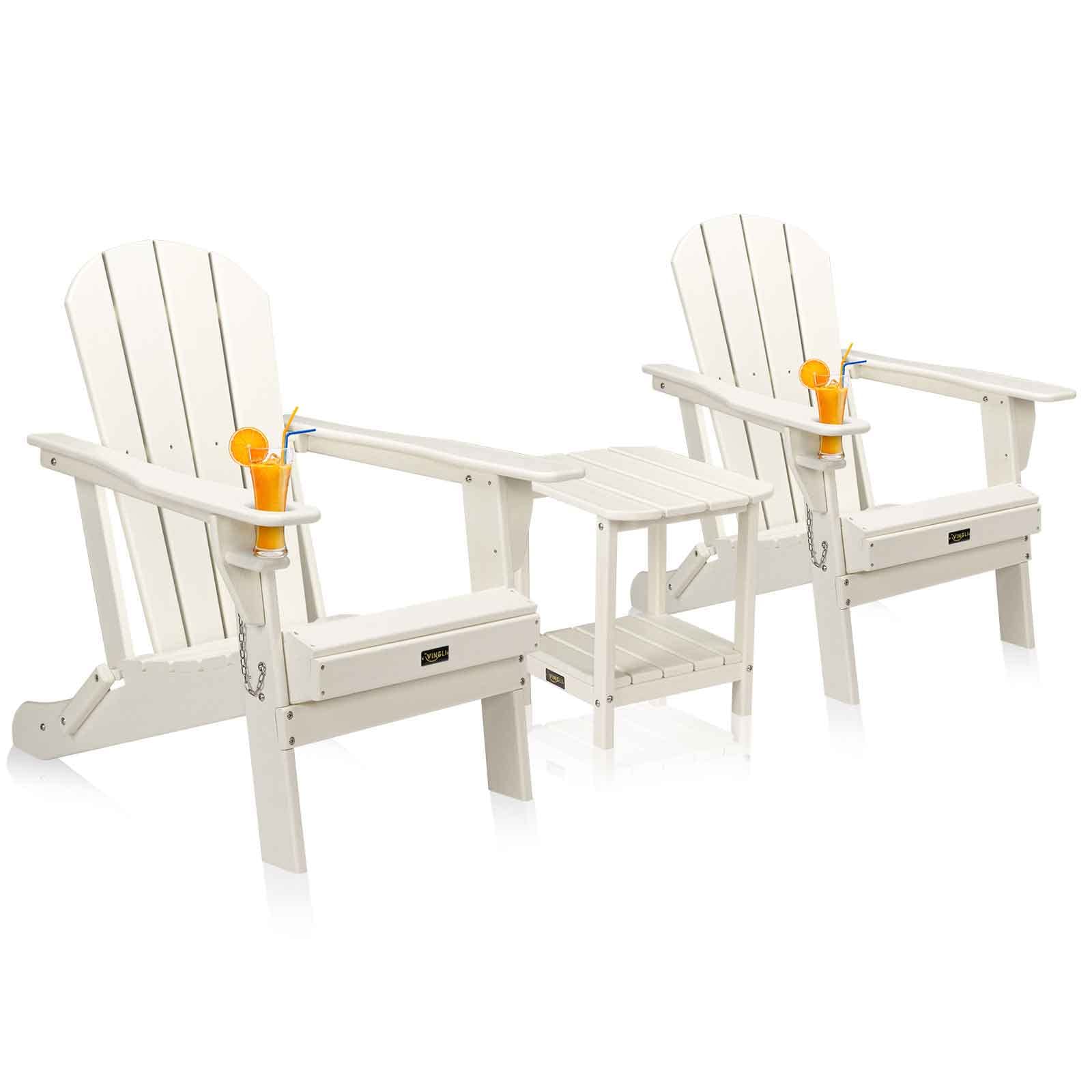 VINGLI 2-Piece Plastic Adirondack Chair Set with Folding Table - Outdoor Patio Furniture with Cup Holders, Waterproof HDPE Material, 380lb Weight Capacity - Perfect for Poolside, Garden, Backyard, and Firepit Relaxation (White)