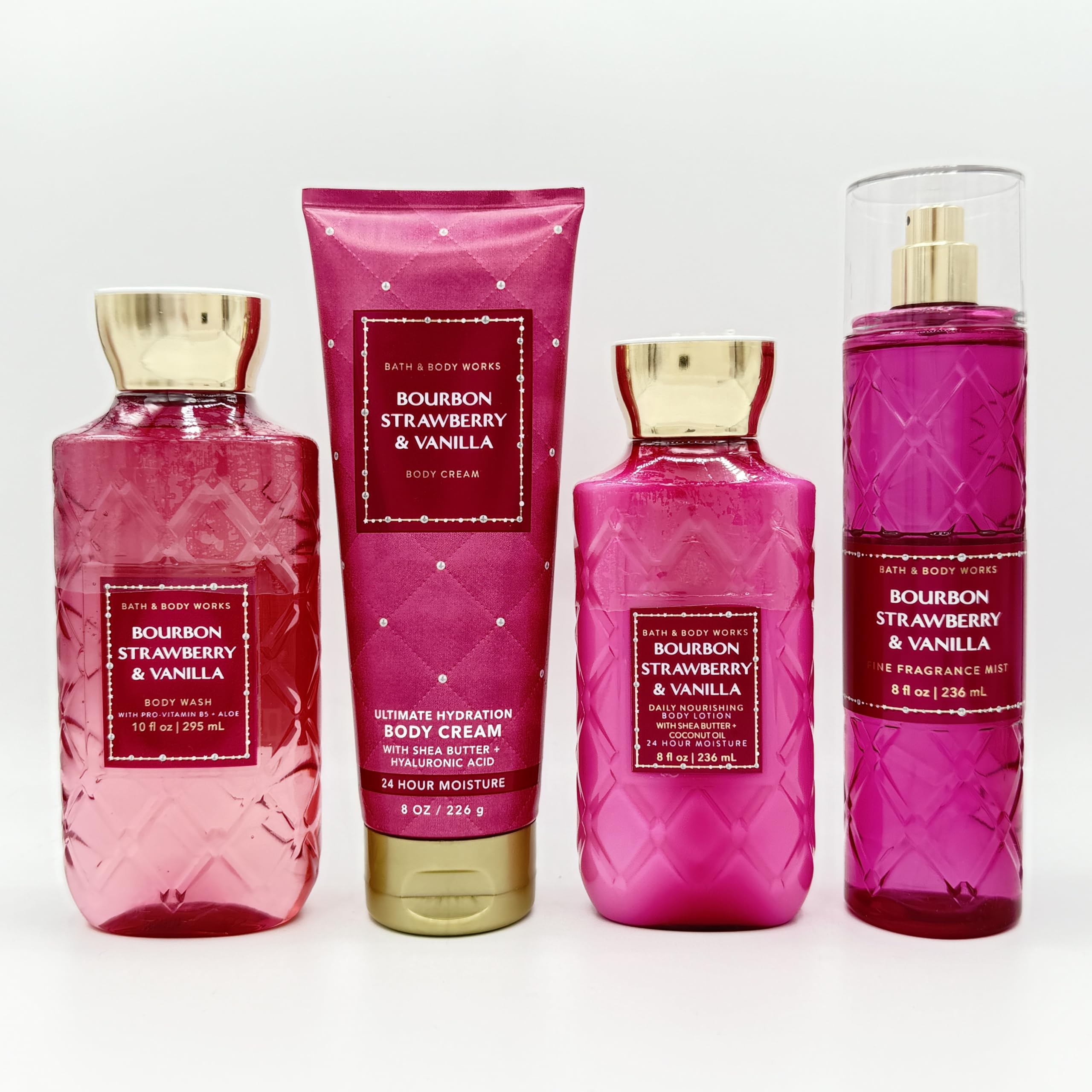 Bourbon Strawberry & Vanilla 4-Piece Bath & Body Gift Set - Moisturizing Body Wash, Hydrating Body Cream, Nourishing Lotion & Fragrance Mist | Perfect for Self-Care, Spa Days & Luxurious Gifting