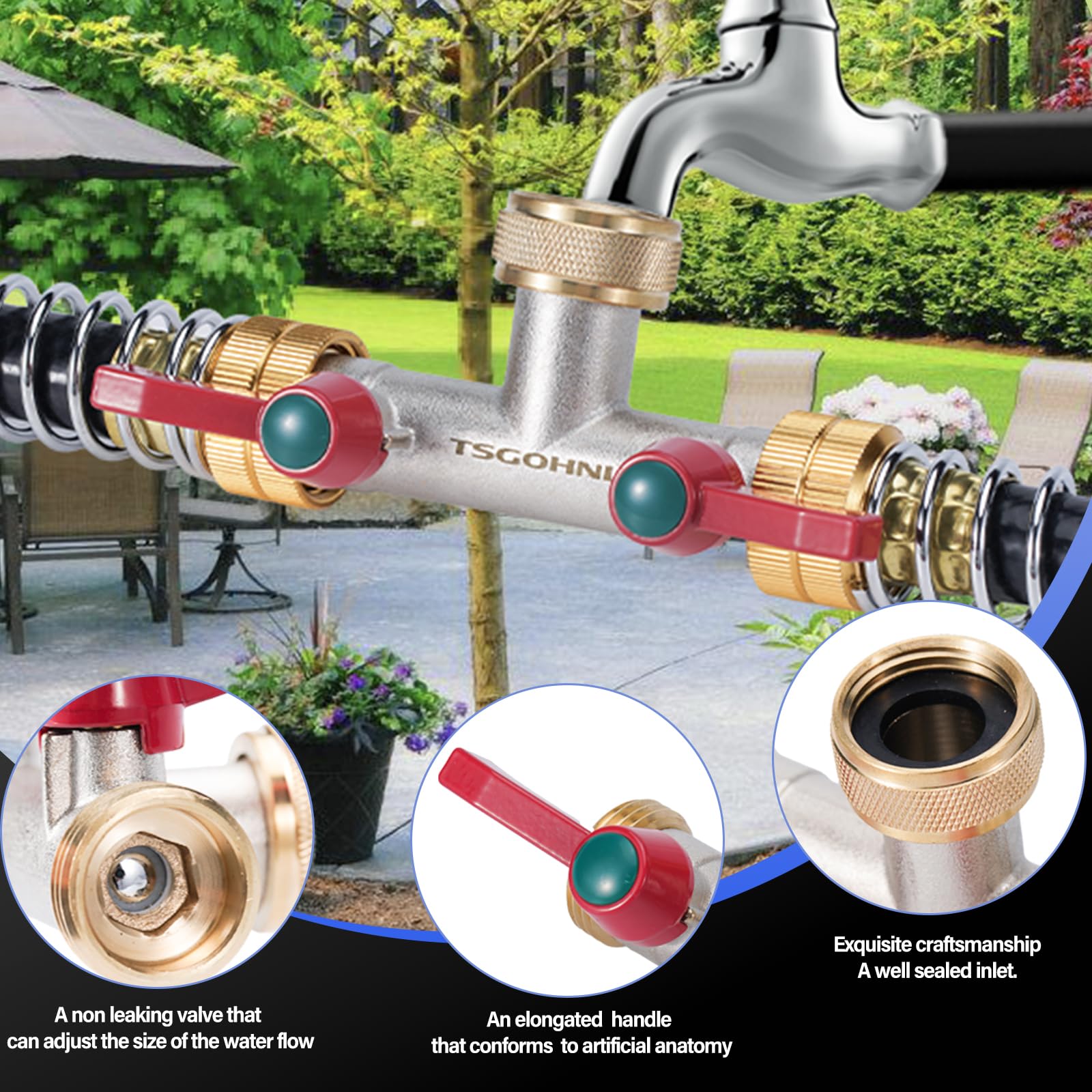 2-Way Heavy Duty Brass Garden Hose Splitter - Nickel Plated Rust Resistant Faucet Adapter with 180° Rotation & Frost Protection for 3/4