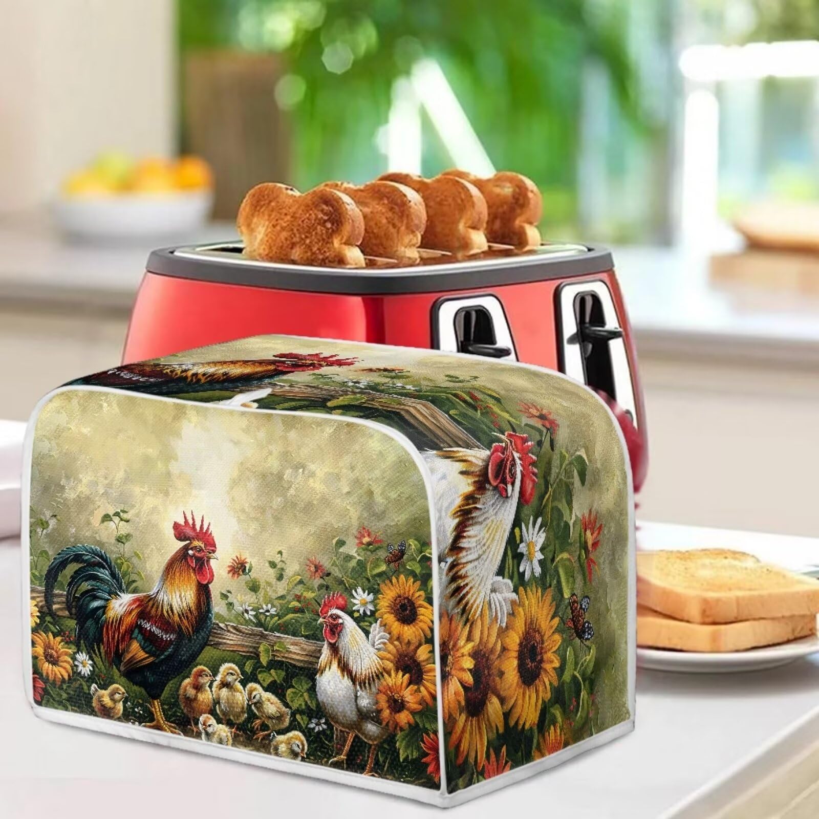 ZDCUSTOM Heat-Resistant Toaster Cover with Top Hook - Anti-Splash, Washable Dust Protector for Toaster Ovens (Rooster & Sunflower Design) - Perfect for Kitchen Countertop Protection and Appliance Maintenance
