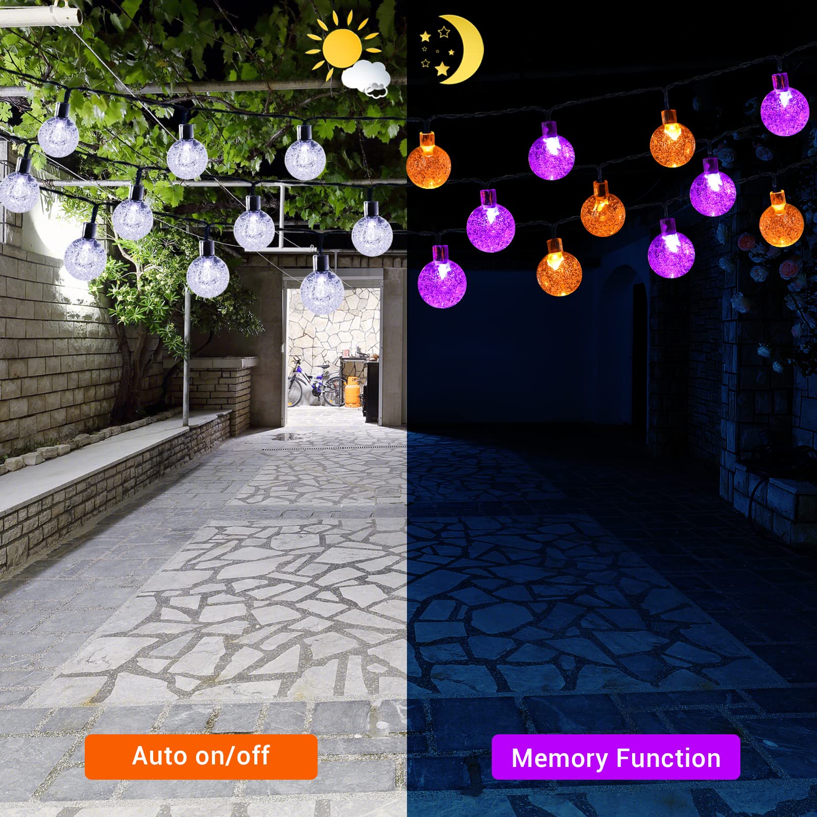 Orange Purple Solar Halloween Lights - 72FT 100 LED Waterproof Halloween Globe String Lights with 8 Lighting Modes | Perfect for Outdoor Halloween Decorations, Party Lighting, Yard & Porch Decor