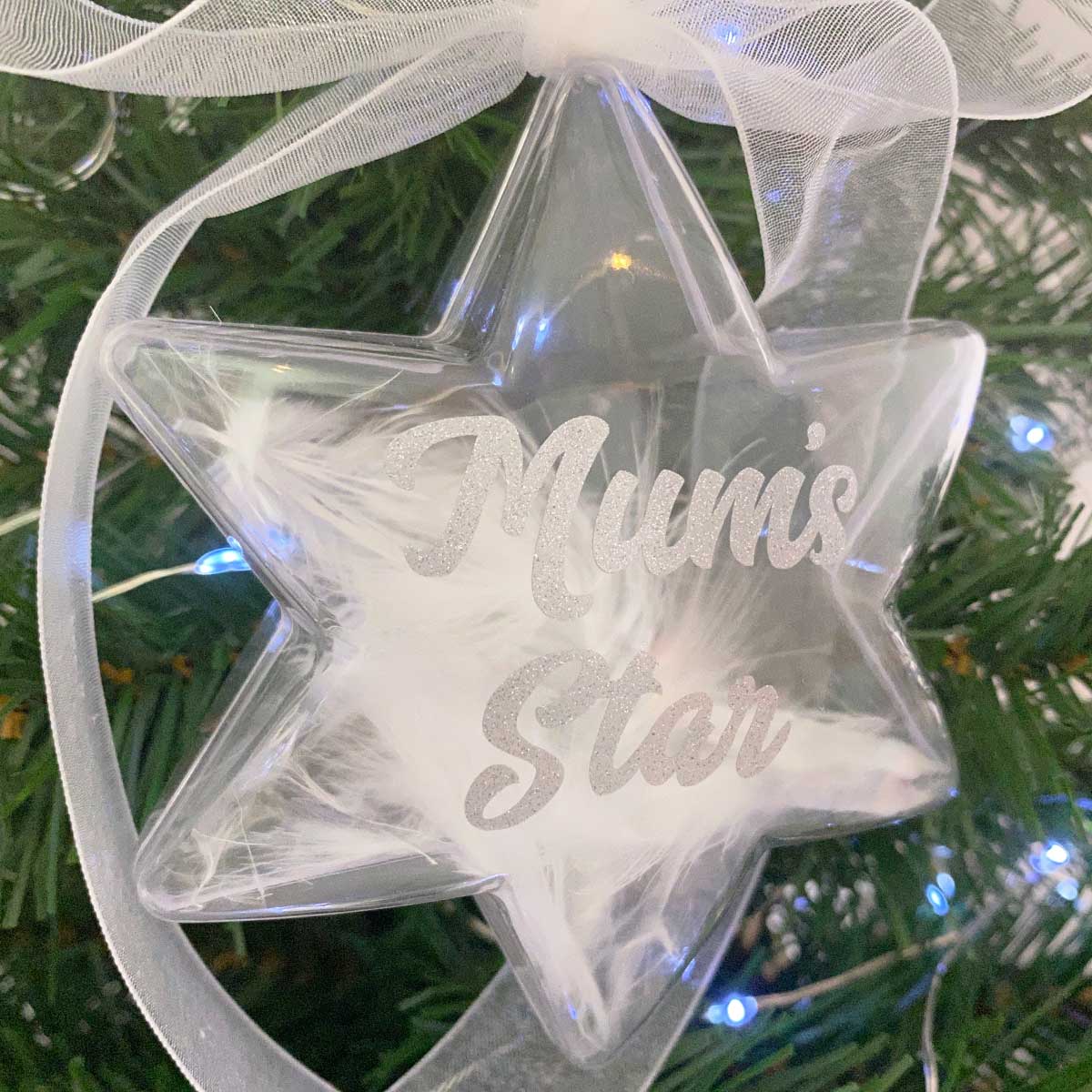 White Feather Filled Star Memorial Christmas Ornament - Handcrafted Holiday Decor for Tree, Mantel & Memorial Displays