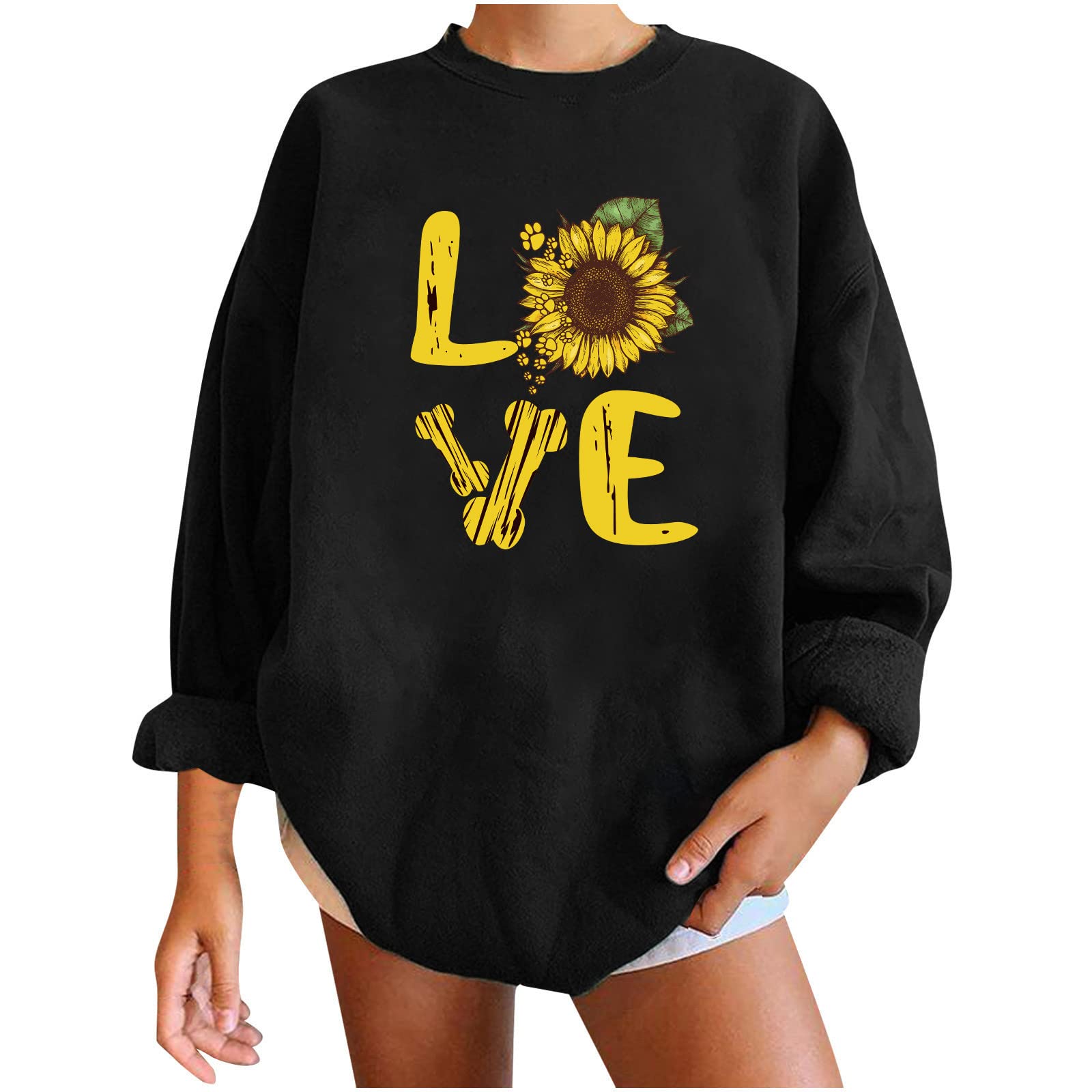 Cute Oversized Graphic Sweatshirt for Women & Teen Girls - Sunflower Love Print Long Sleeve Pullover Top | Casual Wear, Street Style, Loungewear, Gift Idea