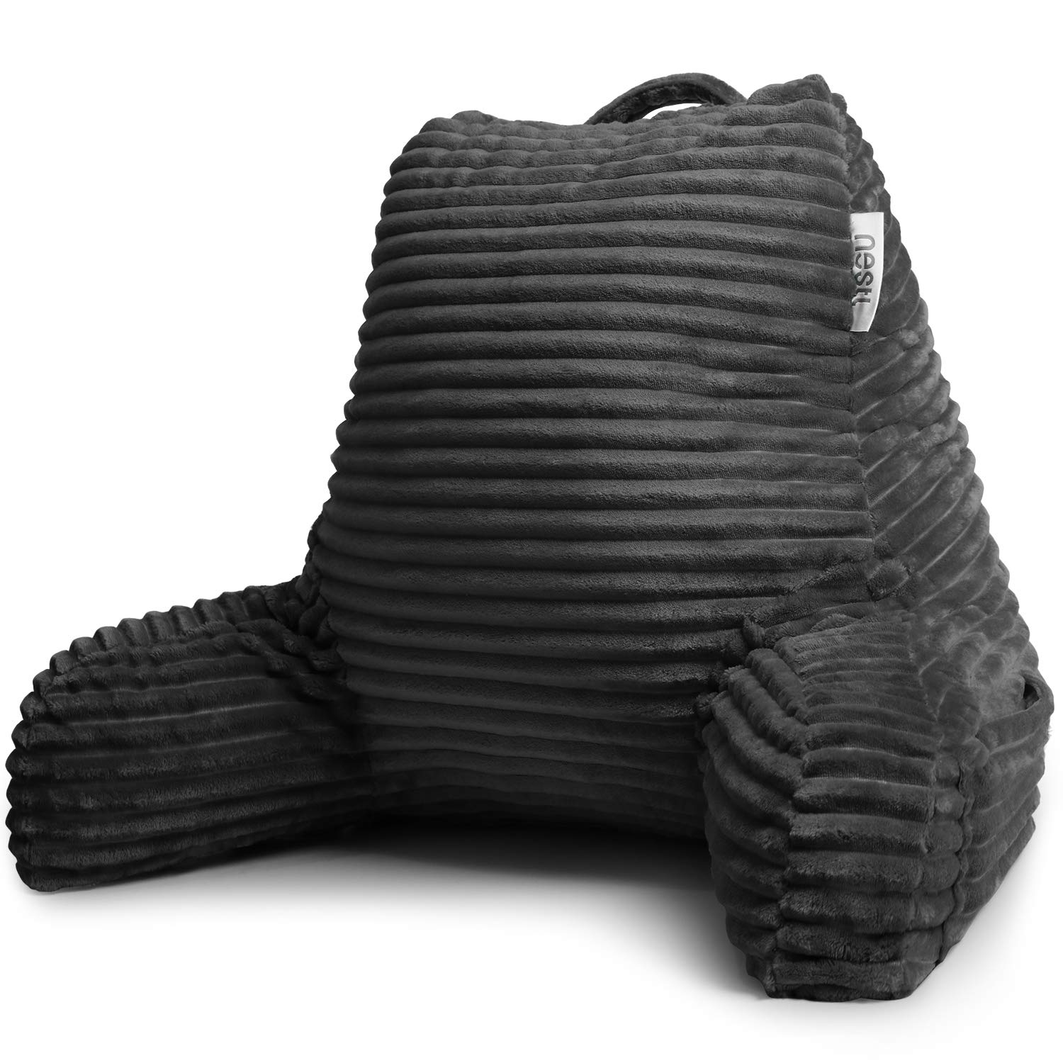 Nestl Reading Pillow for Adults - Plush Back Support Pillow with Shredded Memory Foam, Armrests & Pockets - Perfect for Sitting Up in Bed, Reading, Watching TV, or Relaxing - Grey Bed Rest Pillow