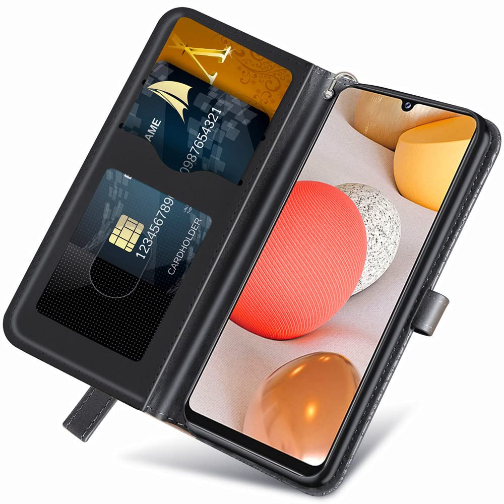 Premium PU Leather Samsung Galaxy A12 Case with Kickstand, Card Slots & Wrist Strap – 6.5 Inch Folio Flip Wallet Cover for Samsung A12 (R-Black) – Perfect for Work, Travel & Daily Protection