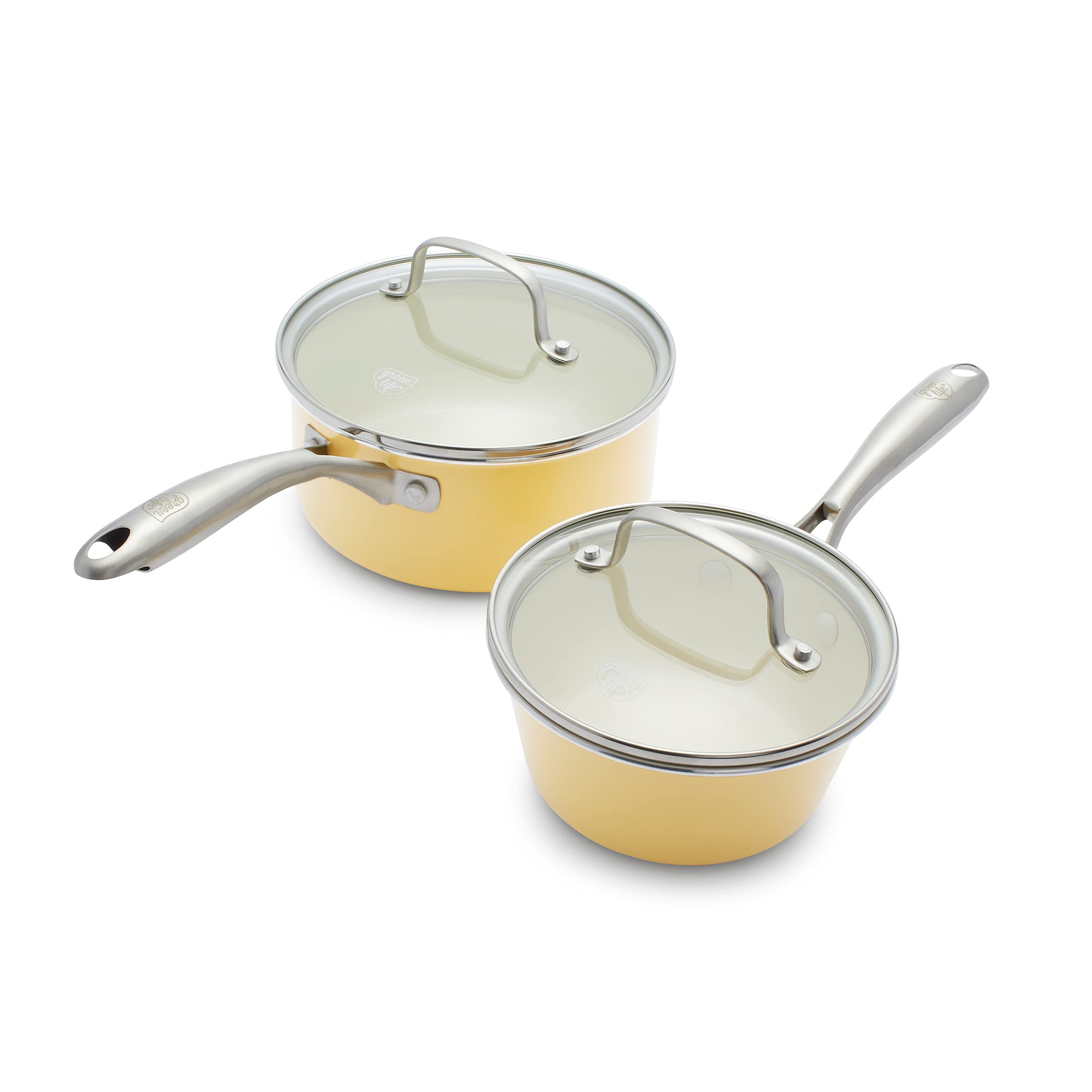 GreenLife Artisan Healthy Ceramic Nonstick Saucepan Set - 1QT & 2QT Pots with Lids, Stainless Steel Handles, PFAS-Free, Dishwasher & Oven Safe (Yellow) - Perfect for Cooking Sauces, Soups, and Small Meals