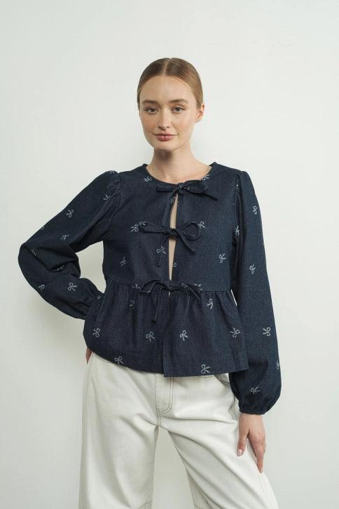 Lara Women's Bow Print Denim Blouse with Bow Tie - Stylish Casual Shirt for Office, Date Night & Spring Outfits