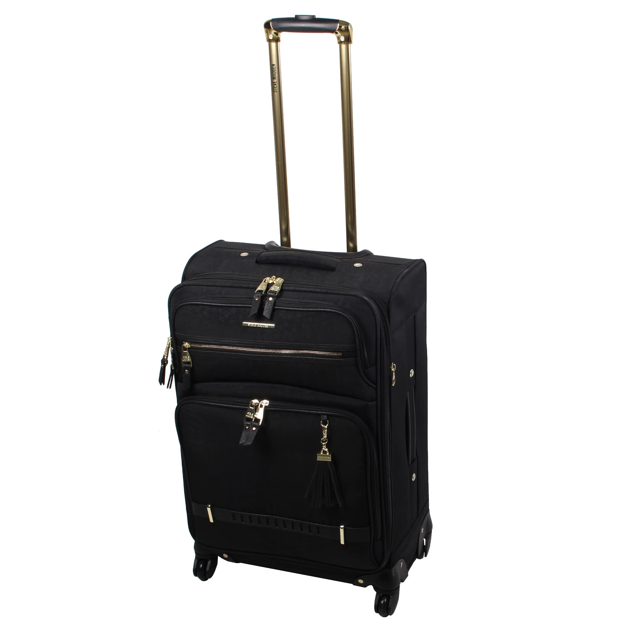 Steve Madden 24 Inch Lightweight Expandable Softside Spinner Luggage - Mid-Size Checked Suitcase with 360° Wheels for Travel (Black) - Perfect for Business Trips, Vacations & Airplane Checked Baggage