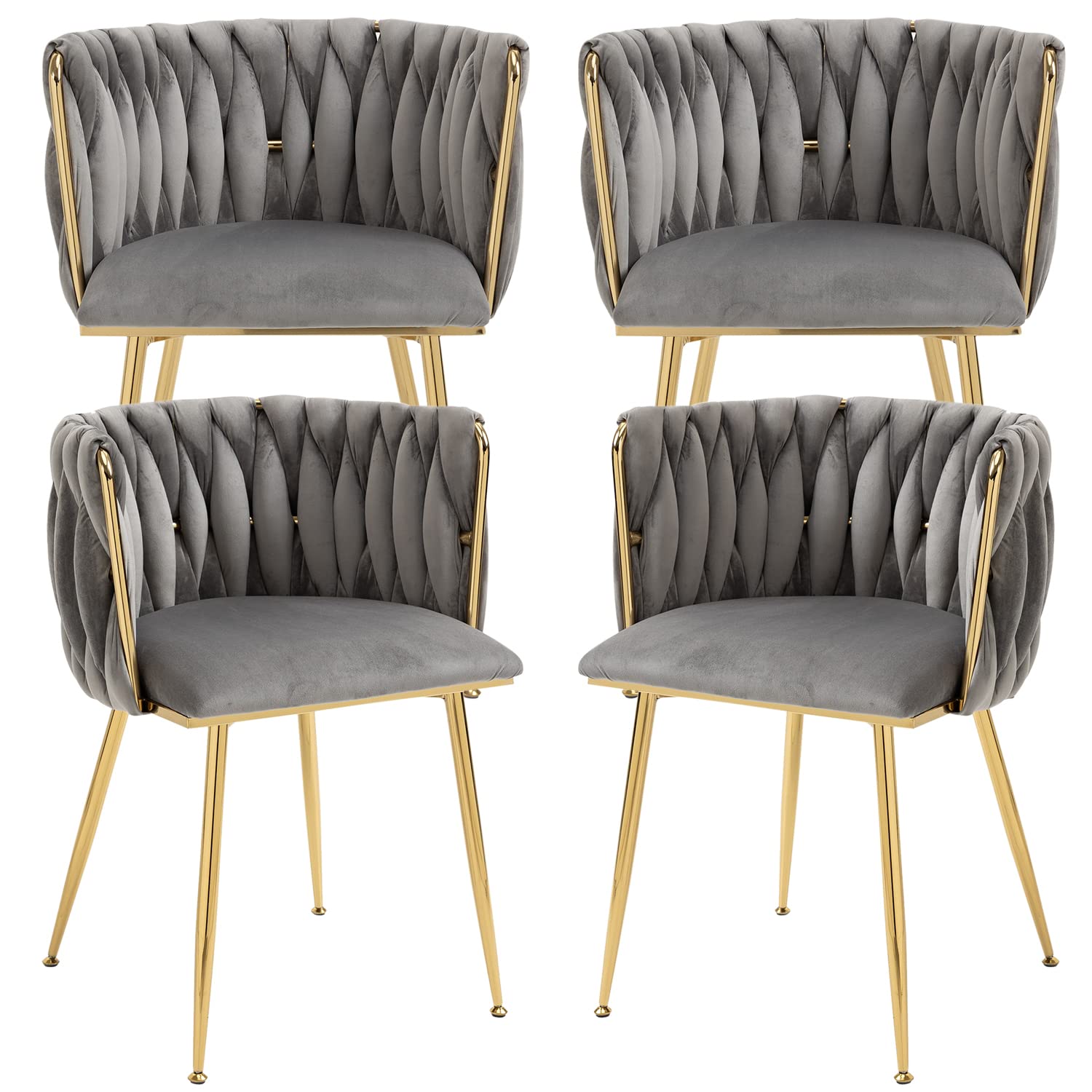 Velvet Dining Chairs Set of 4 - Modern Woven Upholstered Accent Chairs with Gold Metal Legs for Living Room, Dining Room & Kitchen - Soft Grey Velvet Seating - Perfect for Home Decor, Dinner Parties & Cozy Gatherings