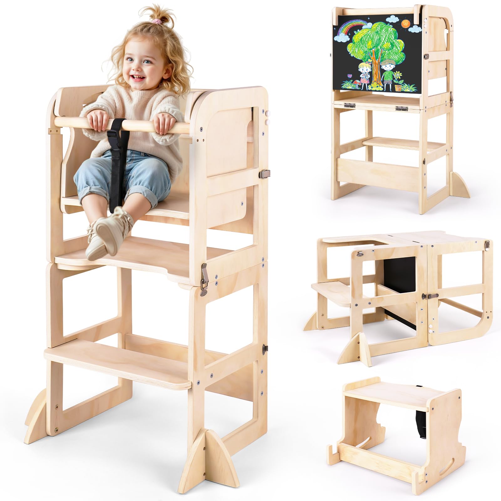 6-in-1 Multifunctional Toddler Step Stool with Foldable Learning Tower, Blackboard & Feeding Tray - Wooden Kitchen Helper for Kids Ages 1-3 - Perfect for Cooking, Learning & Playtime - Ideal Gift for Boys & Girls