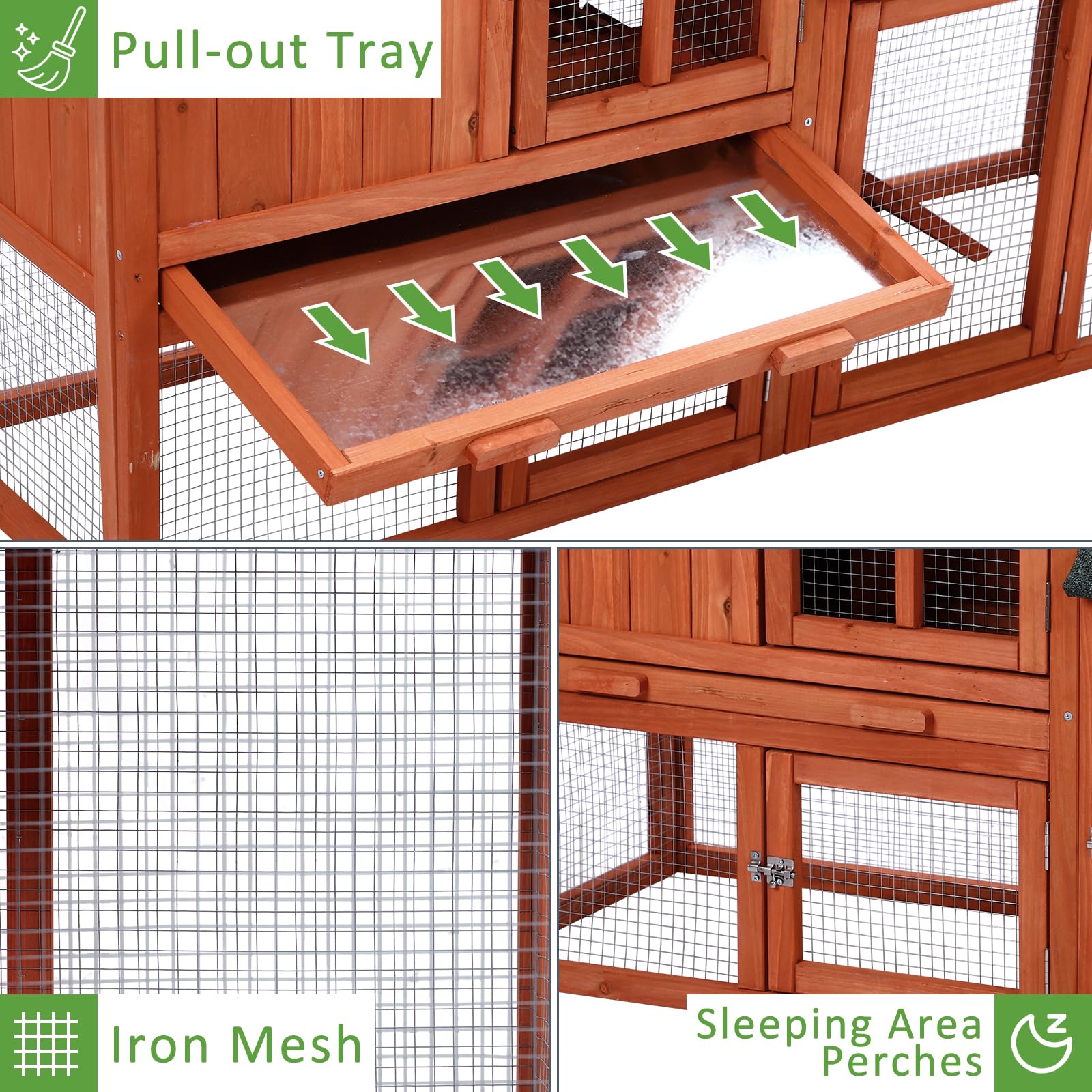 54'' Rabbit Hutch Indoor Outdoor - 2-Story Wooden Rabbit Cage & Chicken Coop for Guinea Pigs - Pet House with Run, Pull-Out Tray & Asphalt Roof - Perfect for Backyard, Garden or Patio Small Animal Shelter