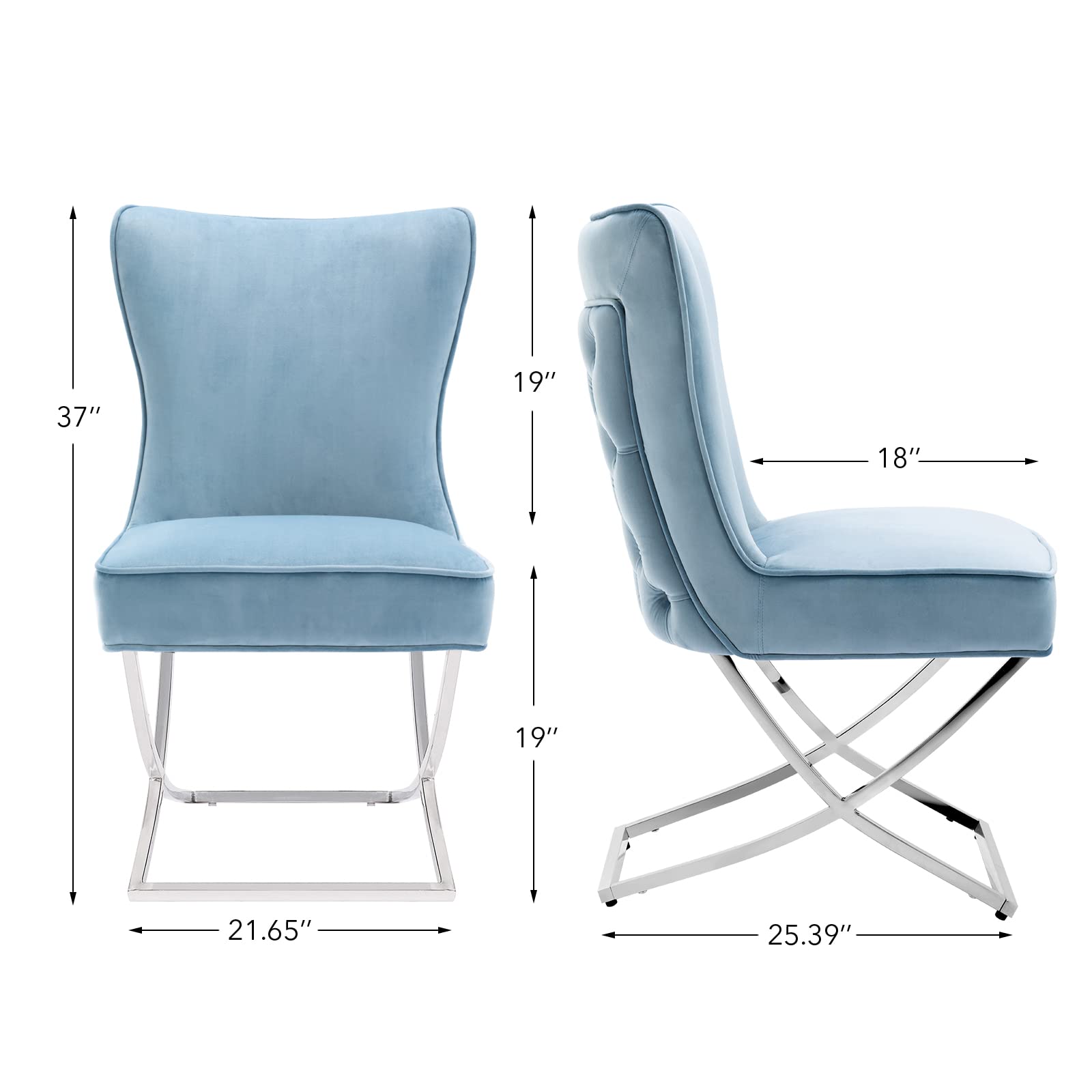Modern Stainless Steel Legs Velvet Dining Chairs Set of 2 - Royal Blue Upholstered Button Tufted Back Chairs with Solid Piping for Dining Room, Kitchen, Breakfast Nook & Home Decor