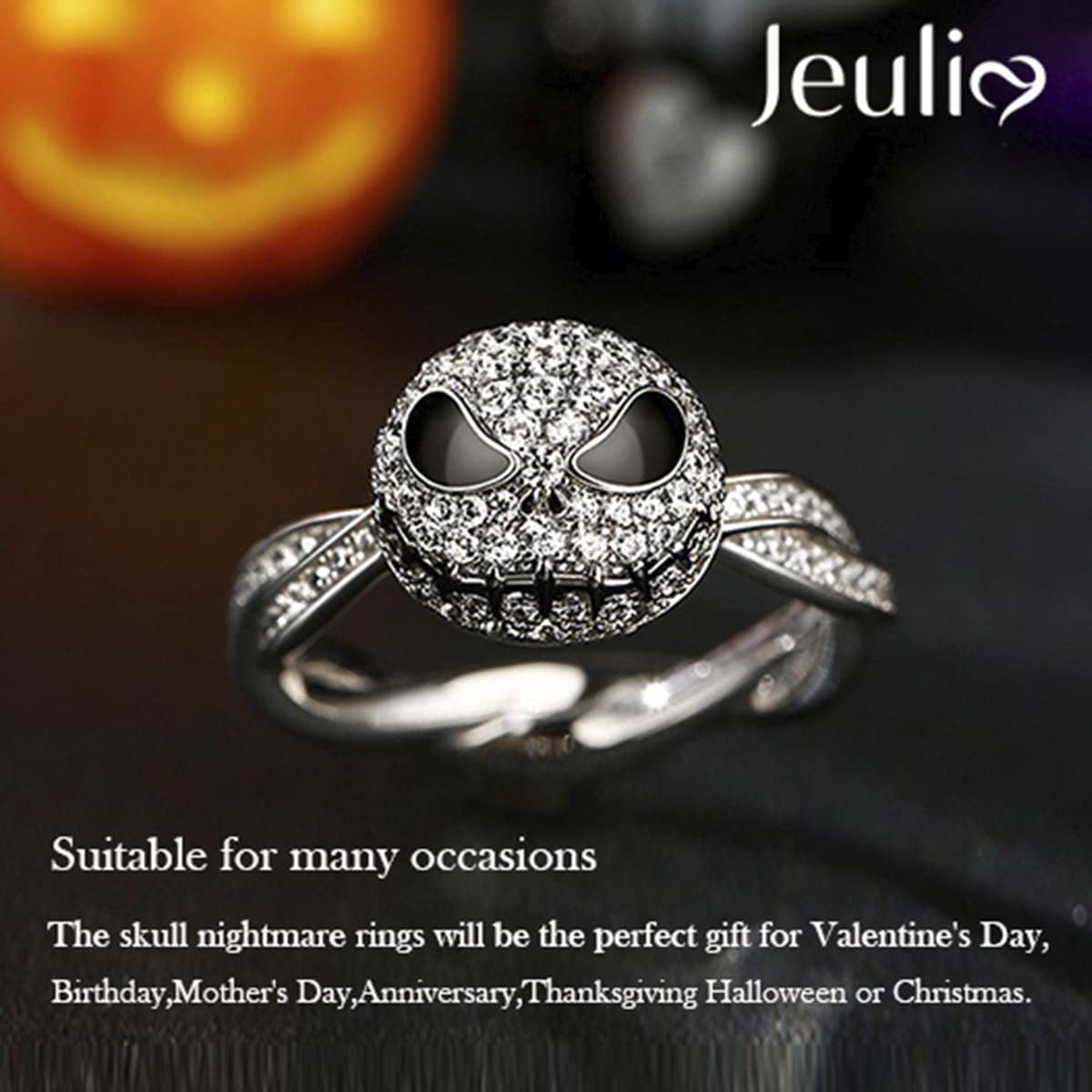 Jeulia Jack Skellington Sterling Silver Rotating Skull Ring - Nightmare Before Christmas Inspired Jewelry for Women & Men | Diamond Solitaire Engagement, Anniversary Gift | Perfect for Halloween, Cosplay & Disney Fans