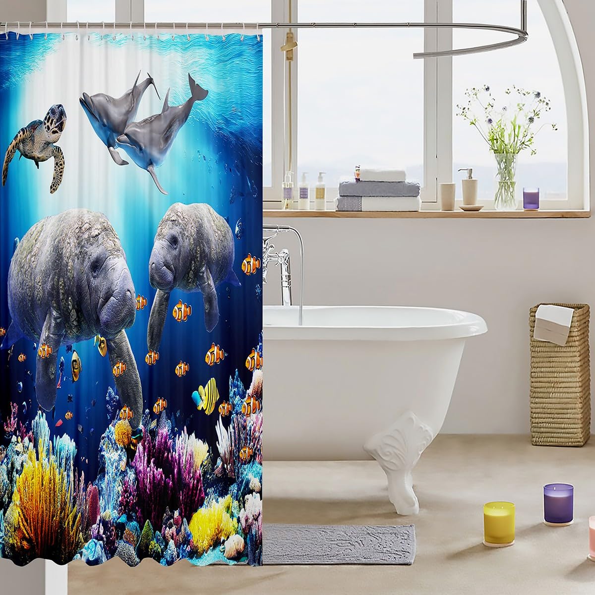 Jejeloiu Manatee Shower Curtain 72x78 Inches - Cute Marine Animal Bathroom Decor with Ocean Floor Design, Waterproof Polyester Fabric for Kids & Adults - Perfect for Nautical Themed Bathrooms, Beach House Decor