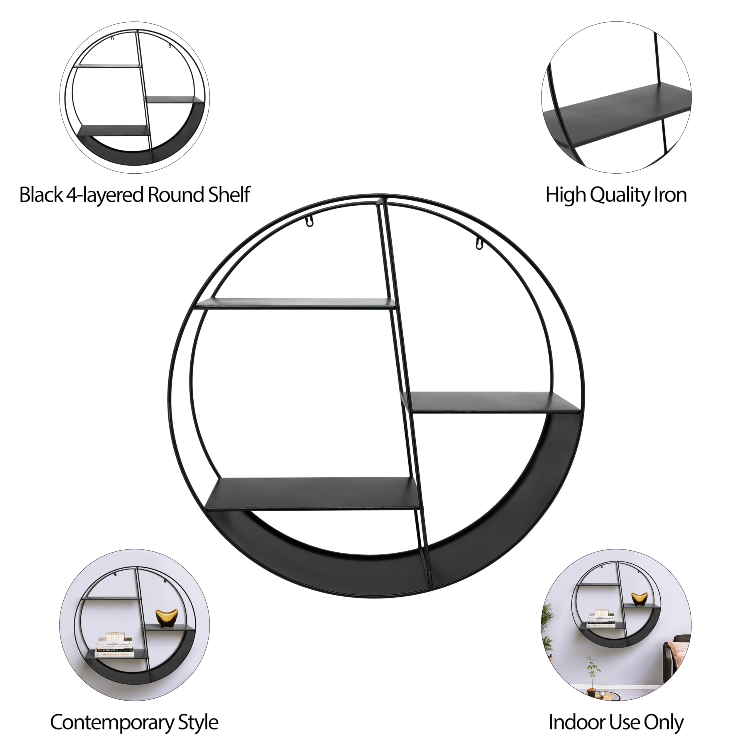 32 Inch Round Black Floating Shelf - 4 Tier Modern Metal Wall Shelf for Home Office Bathroom Bedroom Decor | Space Saving Storage Solution for Small Rooms & Stylish Display
