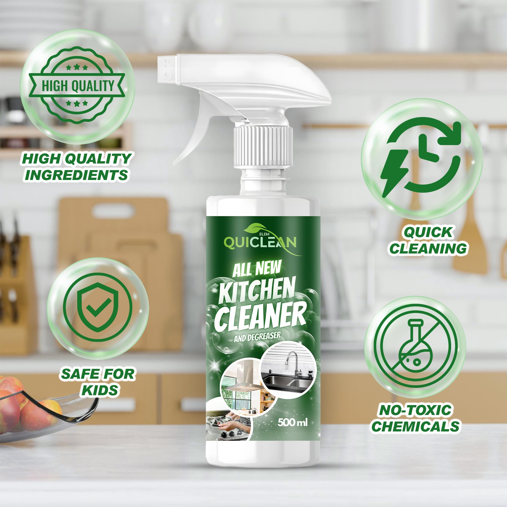 Quiclean All New Kitchen Cleaner & Degreaser Spray 500ml - Powerful Oil & Grease Stain Remover for Stove, Countertop, Tiles, Chimney & Exhaust Fan | Safe for All Kitchen Surfaces | Ideal for Daily Cleaning & Tough Stain Removal (Pack of 1)