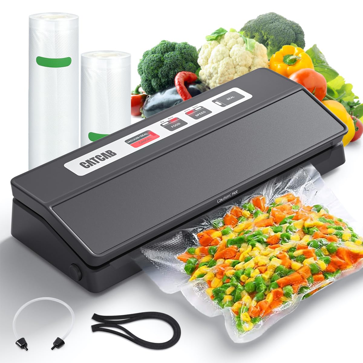 Premium Automatic Food Vacuum Sealer Machine - 70kpa Strong Suction for Dry & Moist Foods | Includes 2 Bag Rolls, Hose & Cutter | Perfect for Sous Vide, Meal Prep & Long-Term Food Storage | Compact & Durable Black Design for Home Kitchen Use