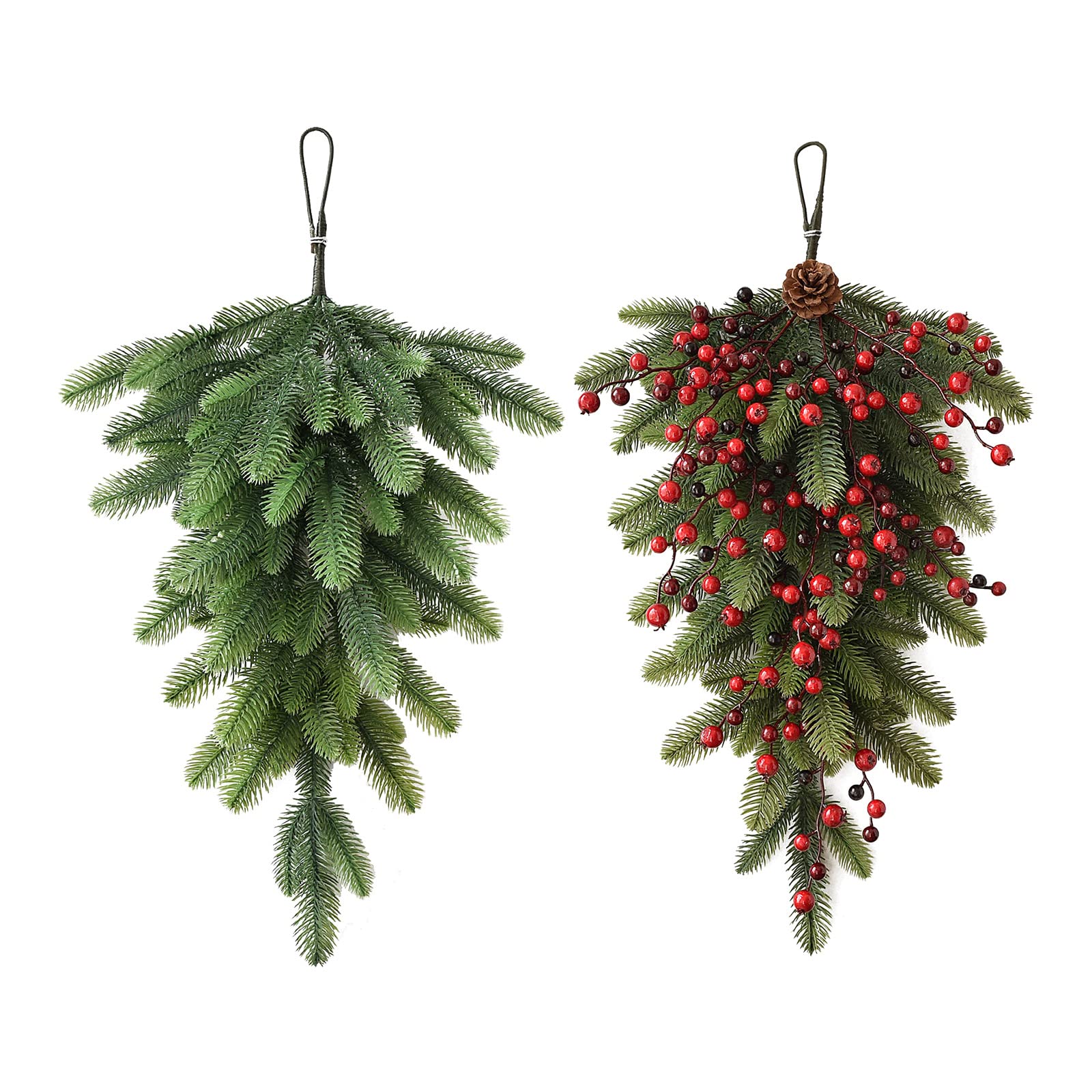 Christmas Pine Needles Teardrop Swar Garland - 27.6 Inch Green Artificial Pine Swag for Xmas Mailbox, Wall & Window Decor - Holiday Home & Outdoor Christmas Decorations
