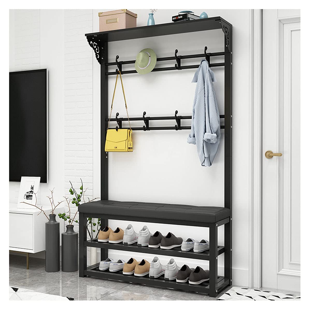 ZNND 4-in-1 Entryway Hall Tree with Shoe Bench - Black Faux Leather Storage Organizer (100cm) - Double Hanging Hooks & Cushioned Seat - Perfect for Small Spaces, Apartments & Mudroom Organization