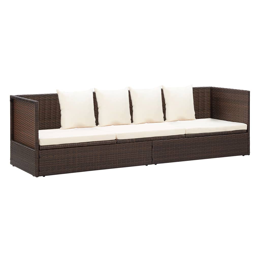 Brown Poly Rattan Patio Lounge Bed with Cushion & Pillows for Outdoor Relaxation