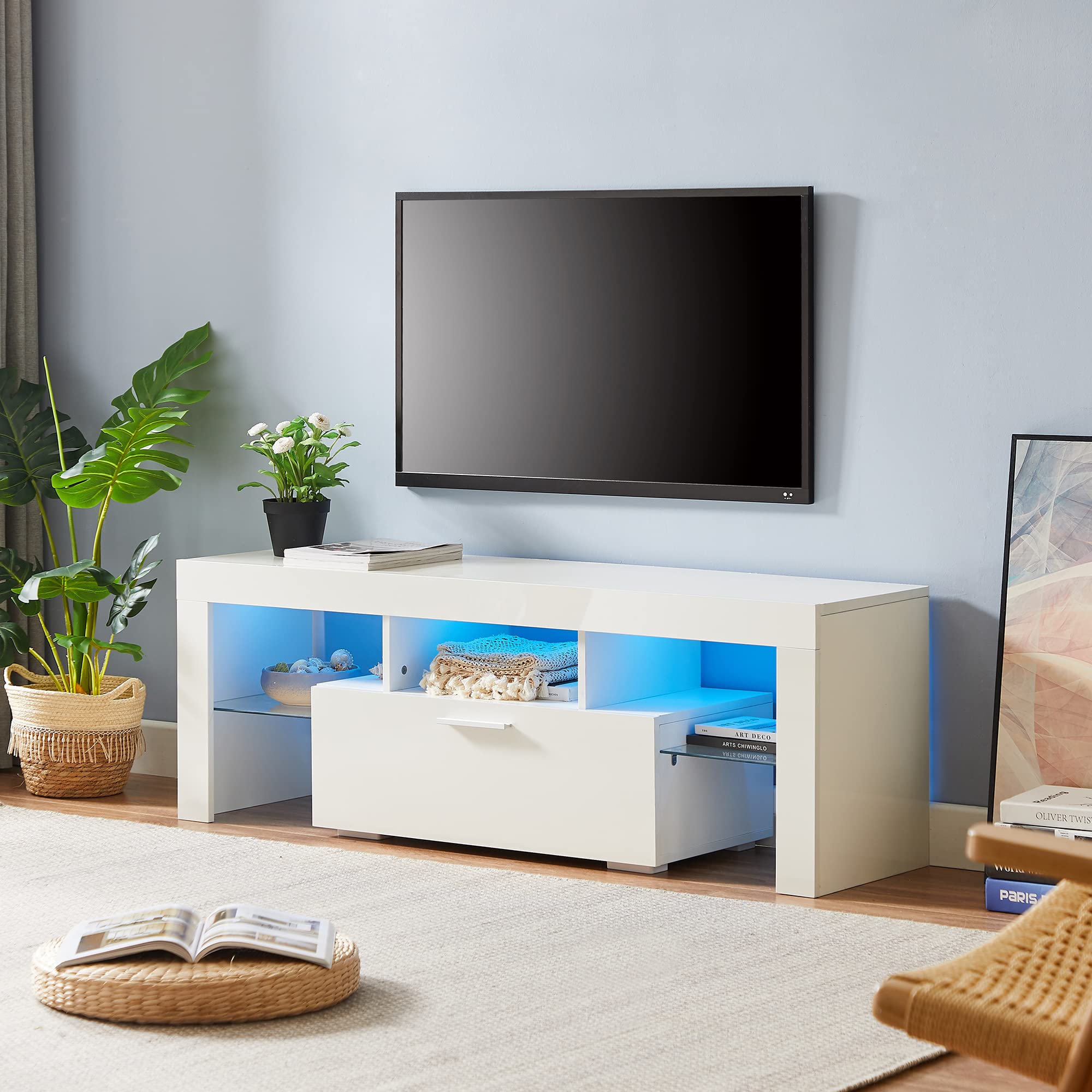 Modern High Gloss LED TV Stand for 55-75 Inch TVs - Entertainment Center with Adjustable Shelves, Sturdy TV Cabinet for Living Room & Bedroom (White) - Perfect for Home Theater Setup & Gaming Console Storage