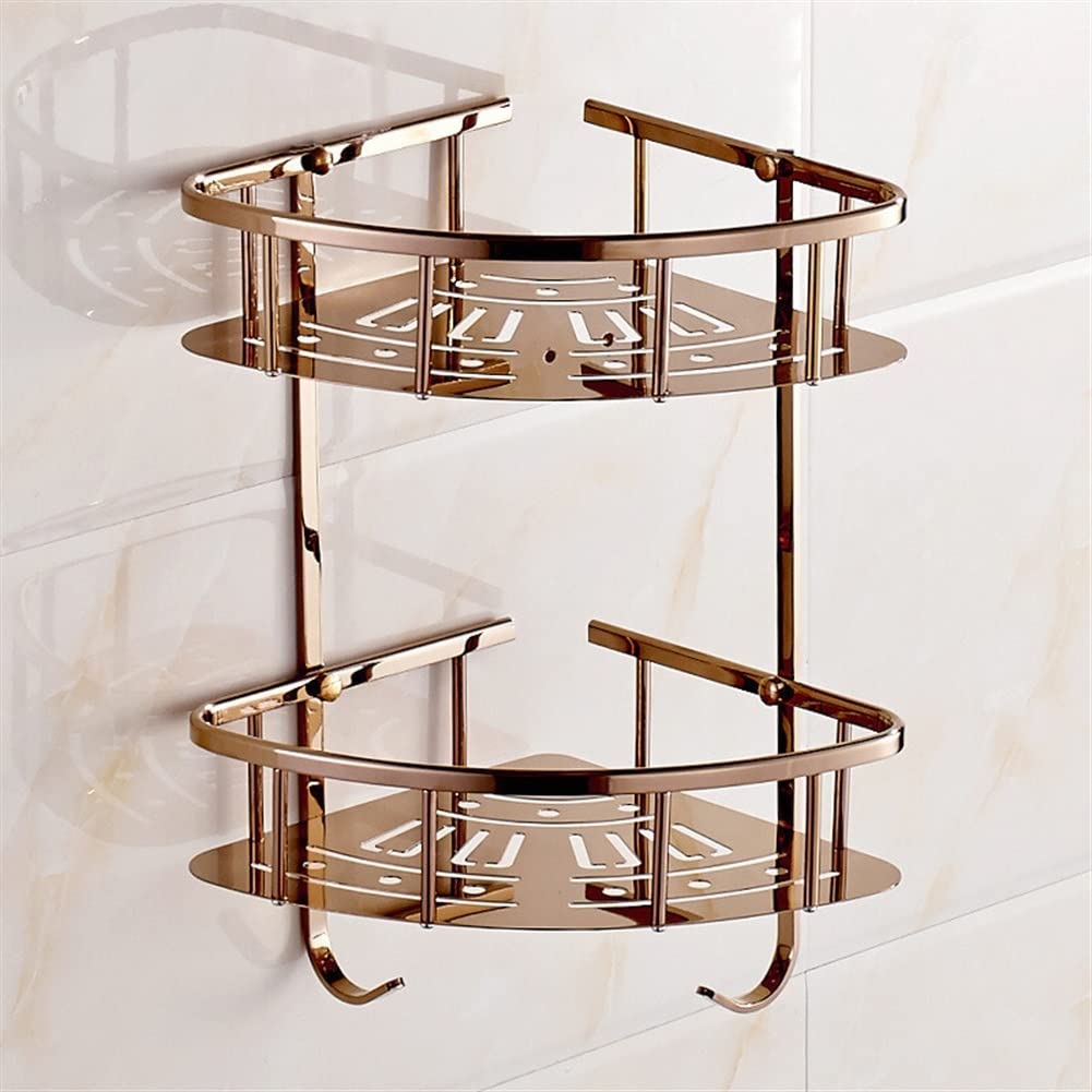 YZJC Wall Mounted Bathroom Shelf - Brass Shower Corner Shelf Organizer | Gold Bathroom Storage Rack with Rose Gold Finish | Space-Saving Two-Tier Shower Caddy for Bath Essentials - Perfect for Small Bathrooms & Spa Showers